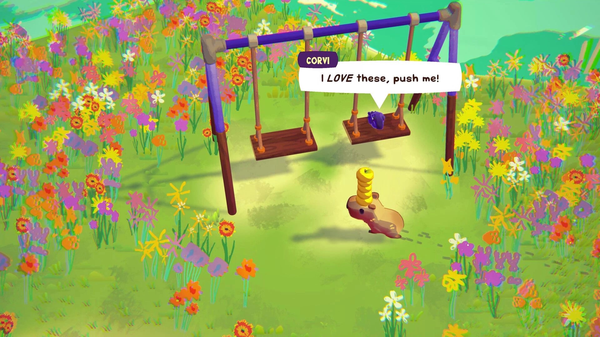 Capy Castaway: Corvi on swing asking for a push in a colorful flower-filled meadow