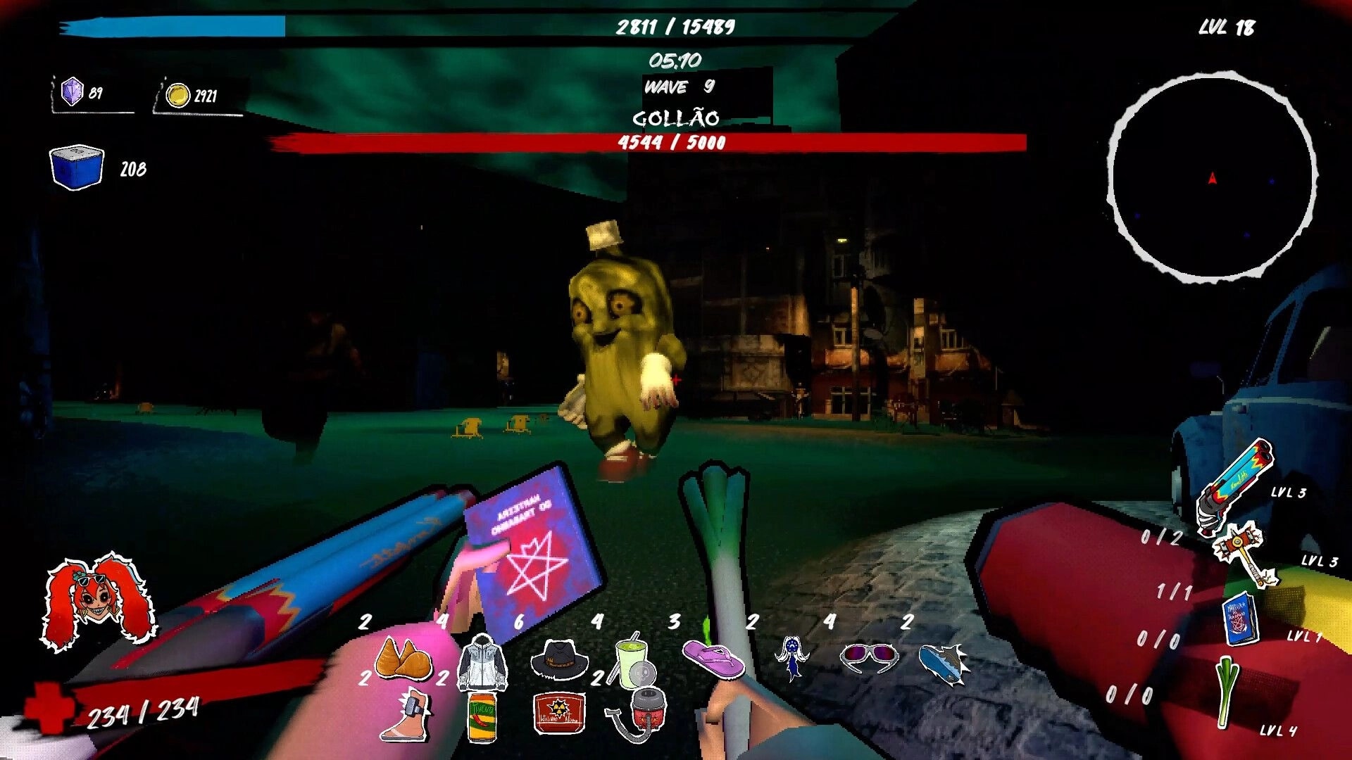 Caravana 2000: First-person boss fight vs Gollão in dark street, wave and inventory UI visible.