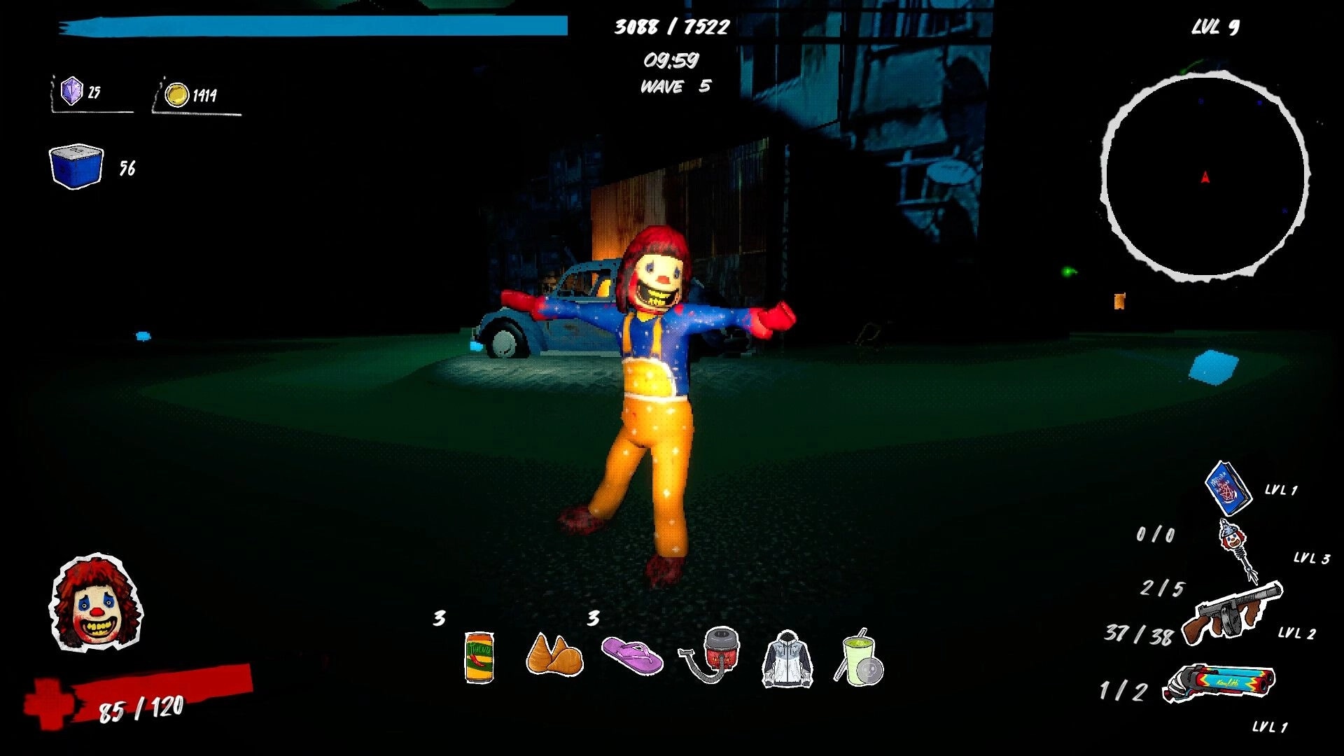 Caravana 2000: Player in clown mask stands in dark street by car, wave timer and minimap HUD.