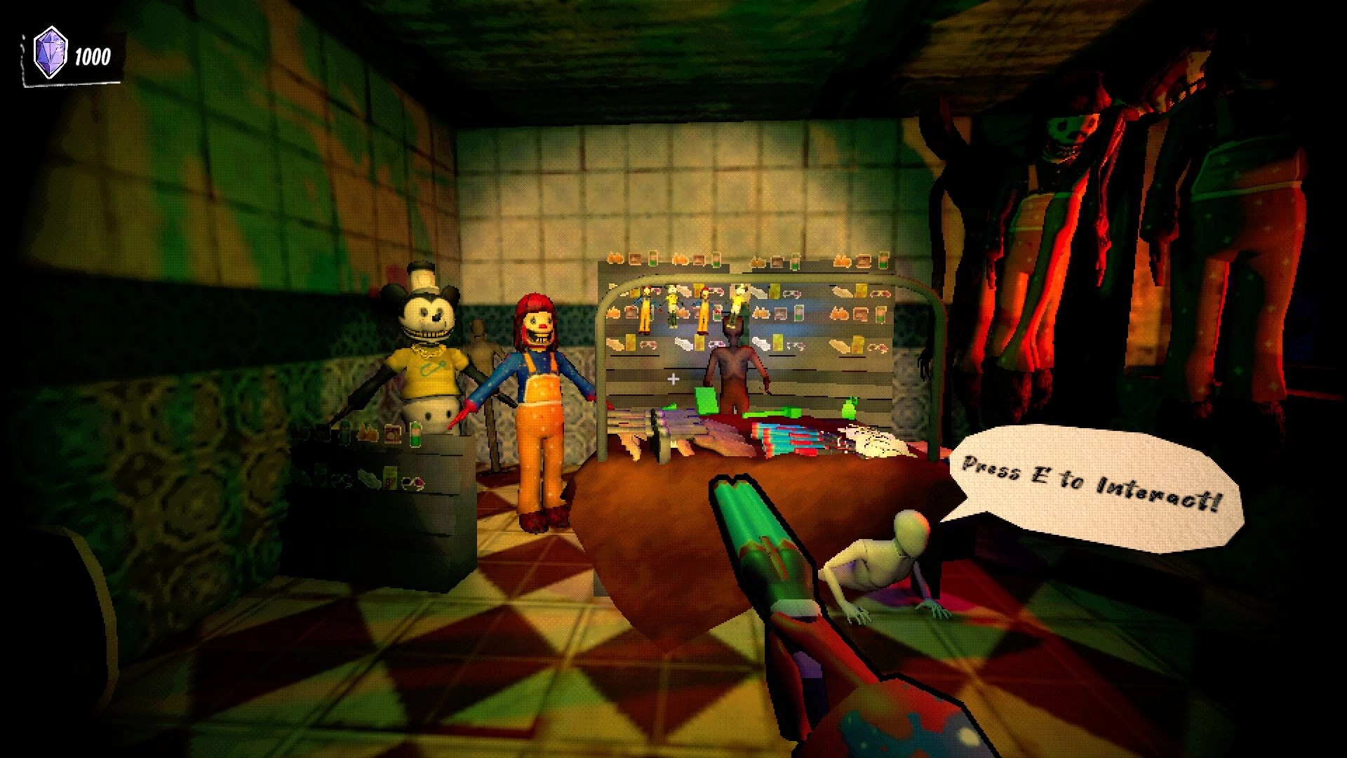 Caravana 2000: First-person shop scene with mannequins and racks, prompt "Press E to interact!".