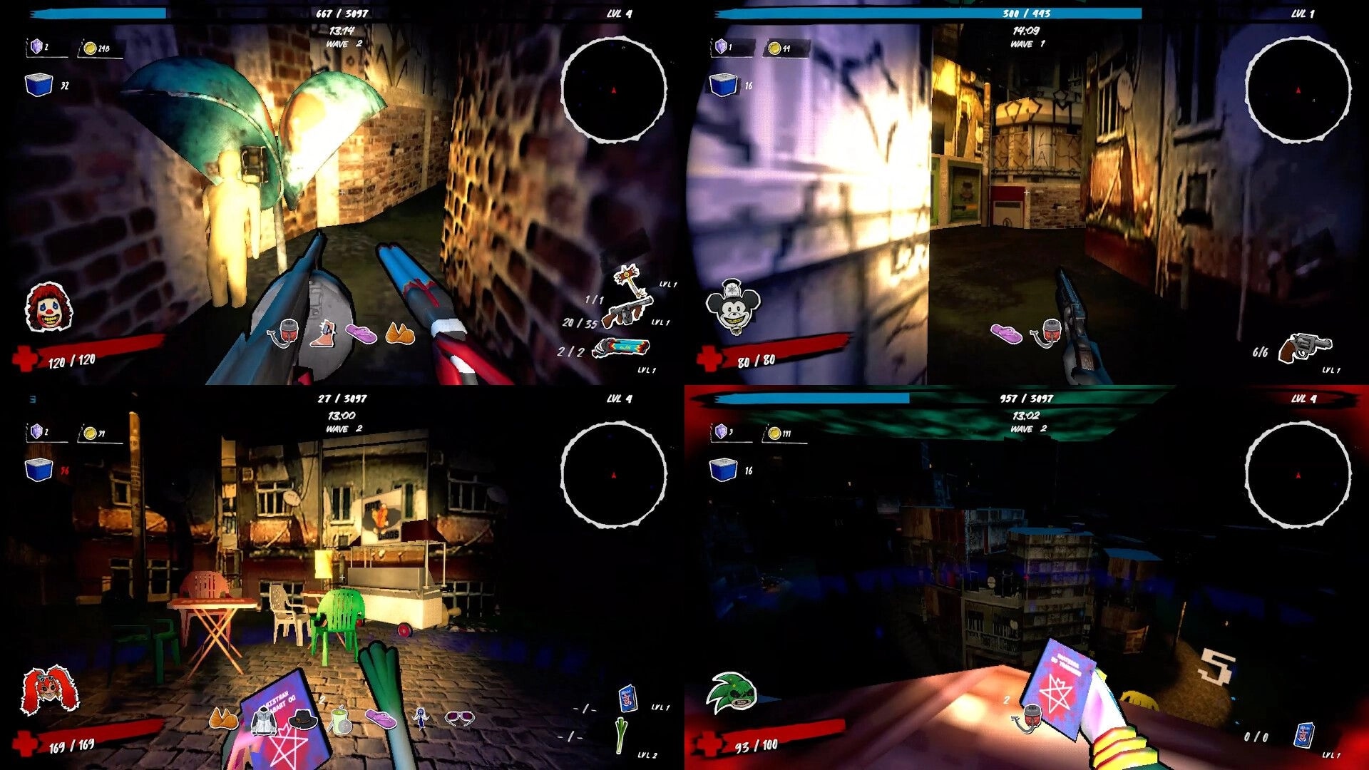 Caravana 2000: First-person shotgun and pistol HUD in gritty alley and rooftop favela at night.