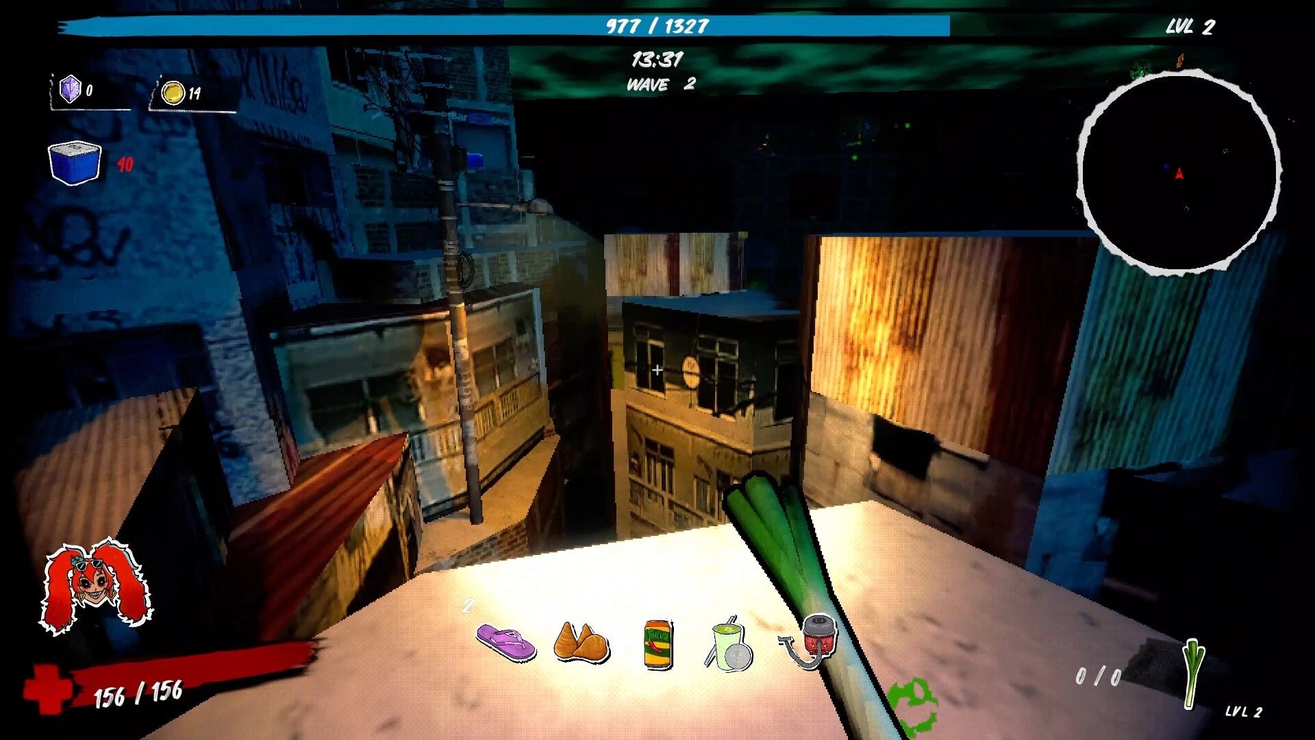 Caravana 2000: First-person rooftop view with bat and item bar in a dense favela at night.