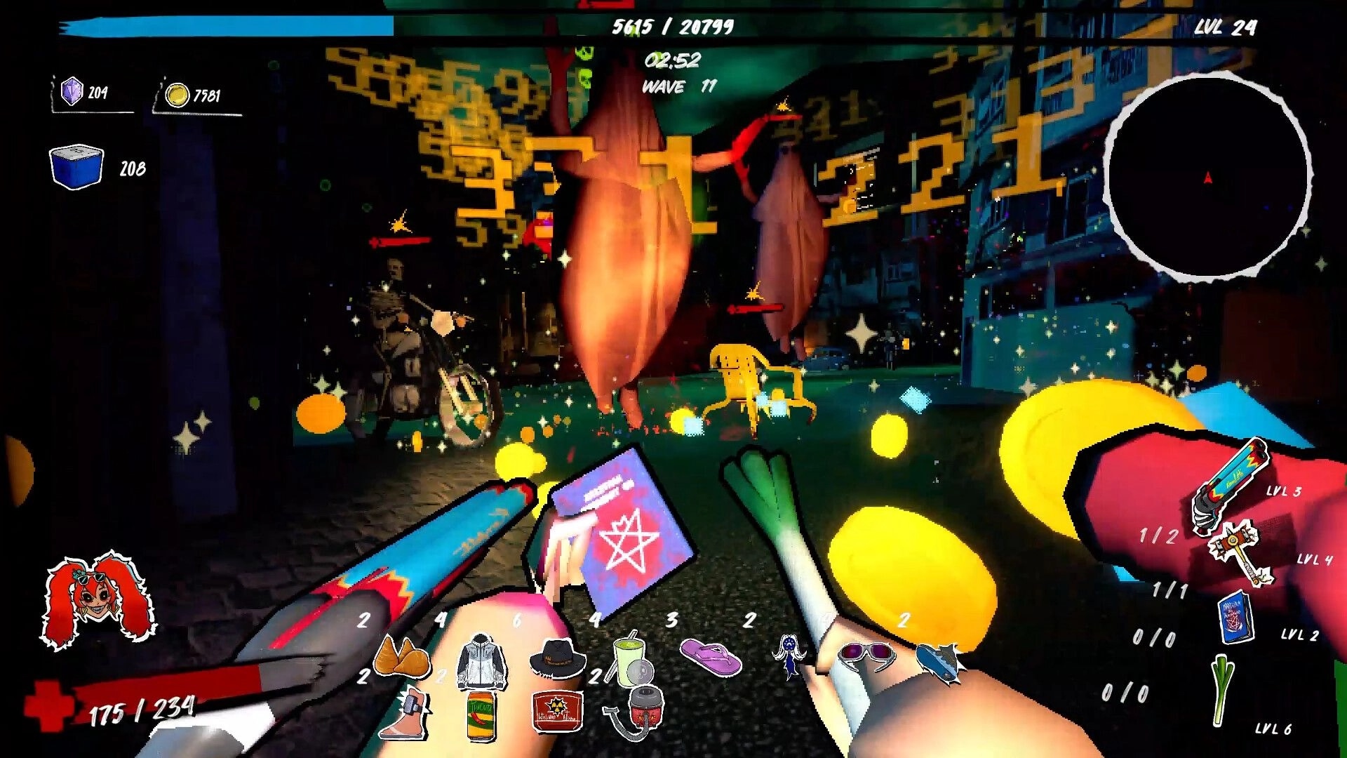 Caravana 2000: First-person fight with floating enemies and damage numbers on a neon city street at night.