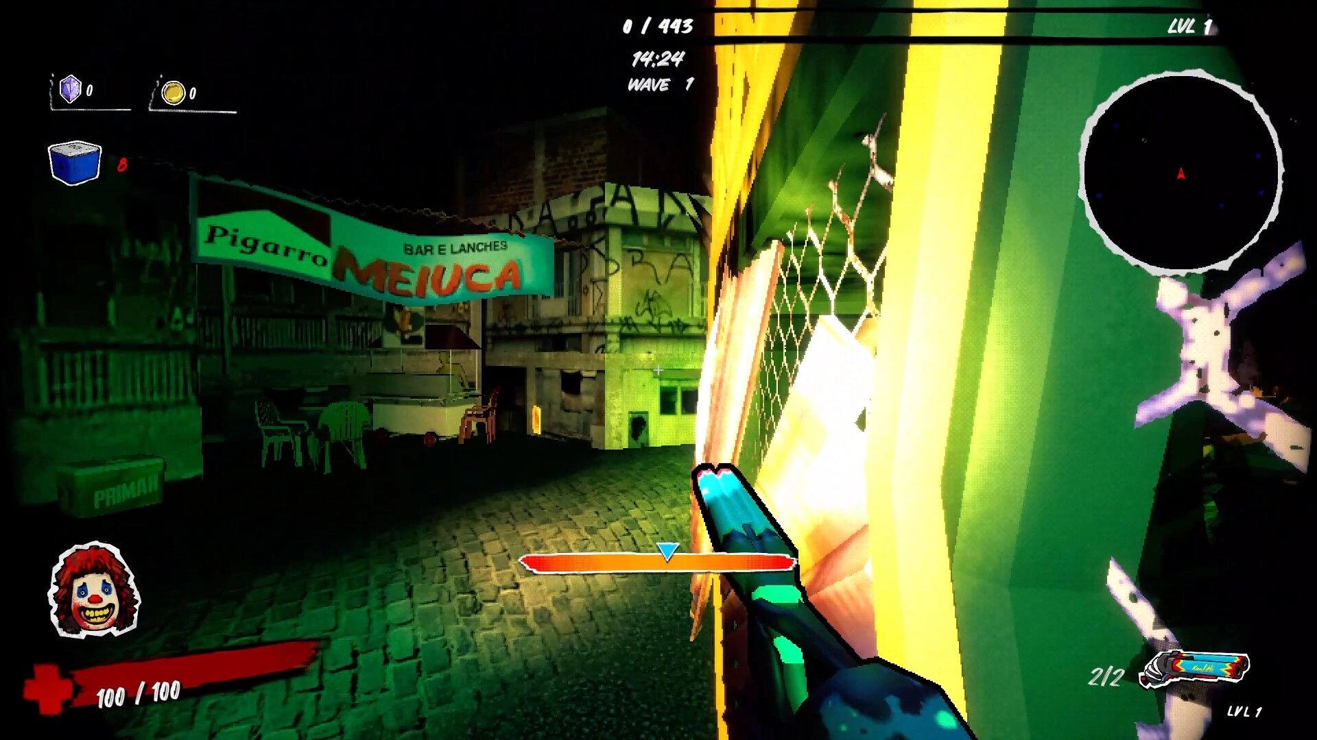 Caravana 2000: First-person view aiming a gun in neon alley by bar sign, wave timer and minimap HUD.