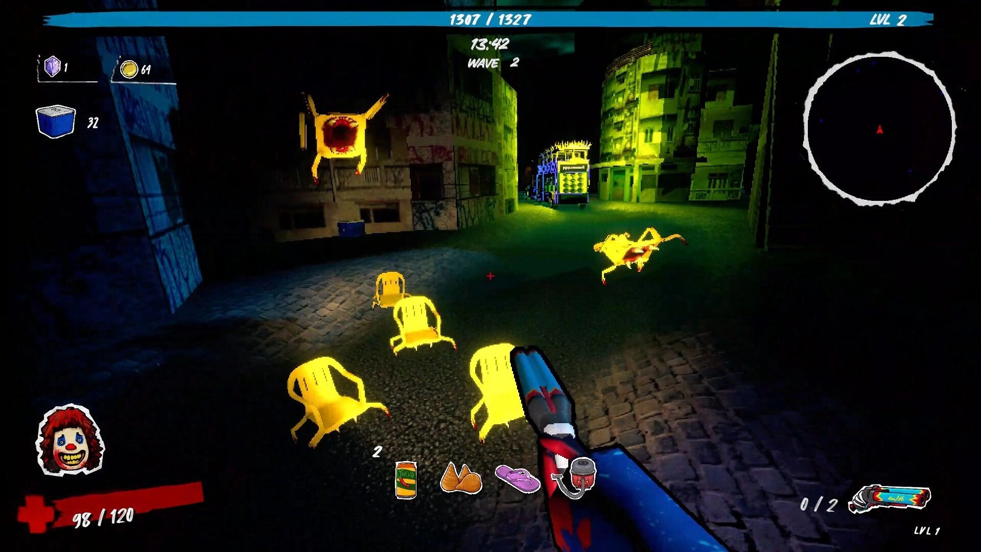 Caravana 2000: First-person combat aiming at glowing enemies in neon favela street with minimap and wave UI.