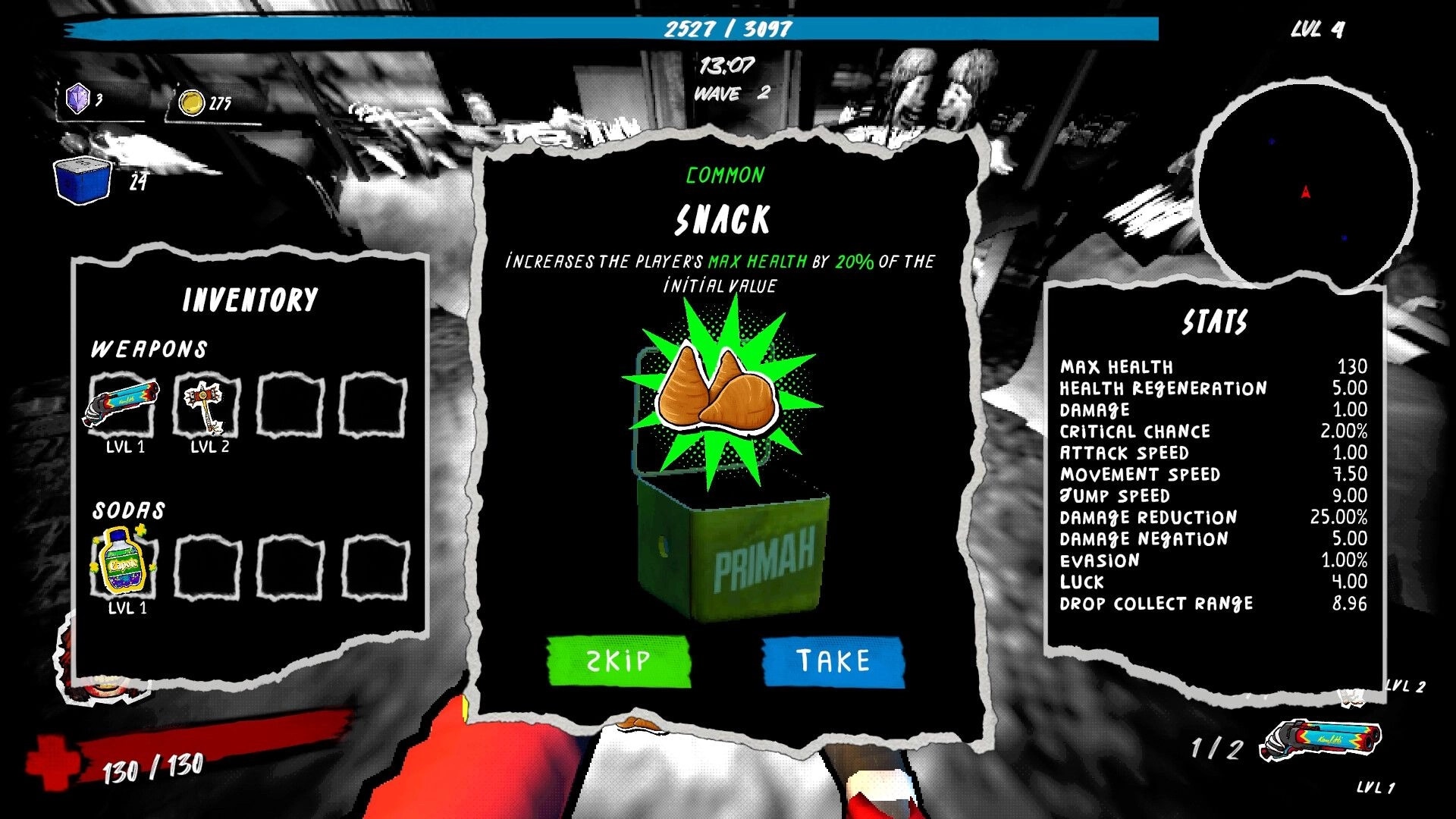 Caravana 2000: Loot choice menu for Common Snack with inventory and stats panels over street scene.