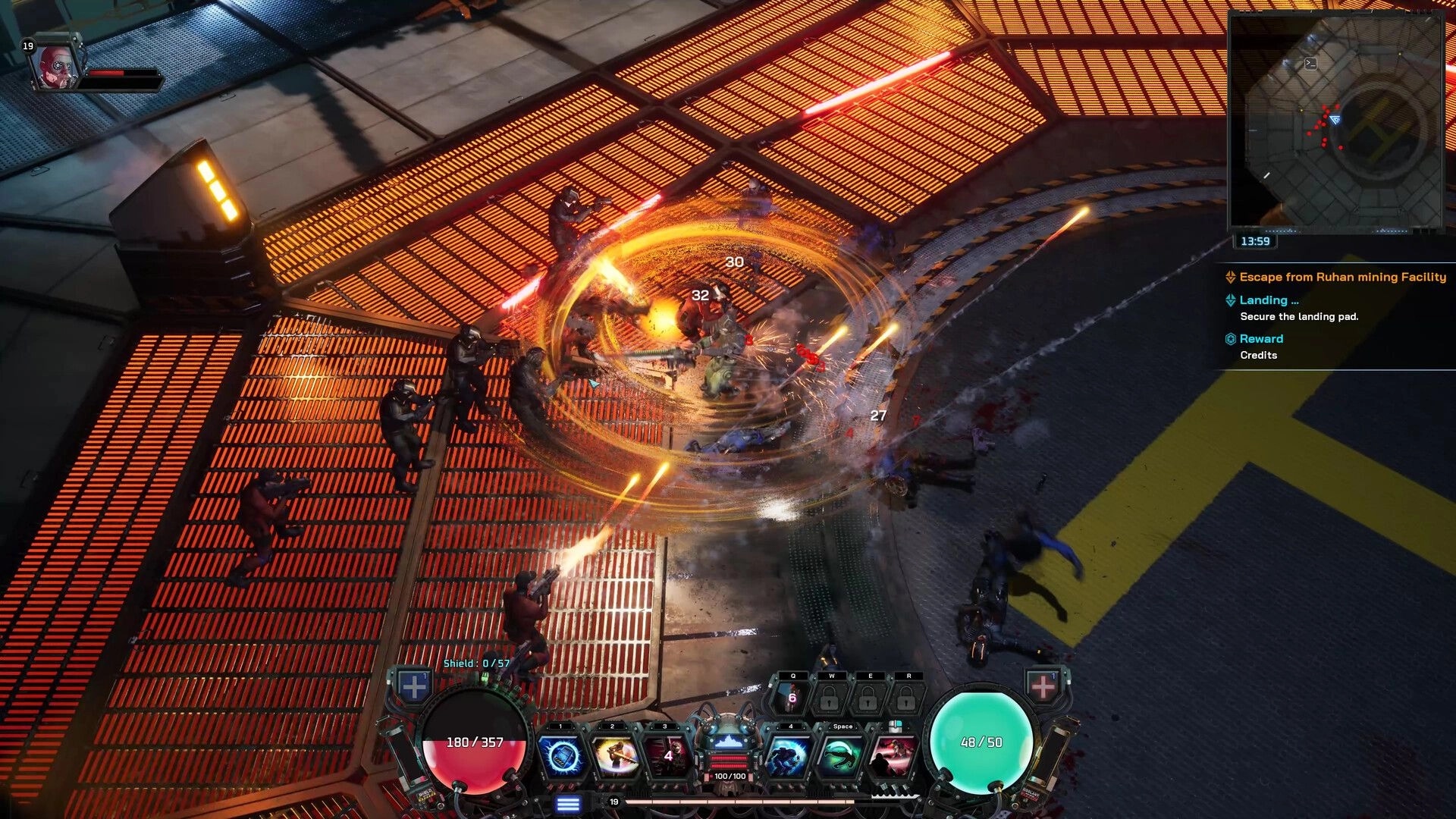 Carbon: Intense combat with multiple enemies on glowing orange platform in a futuristic facility