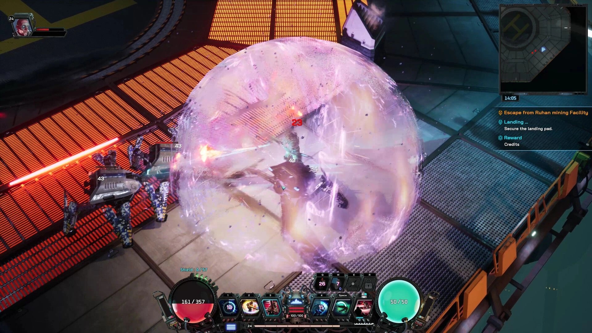 Carbon: Player shields against robotic enemies on a futuristic platform, HUD displays health and skills.