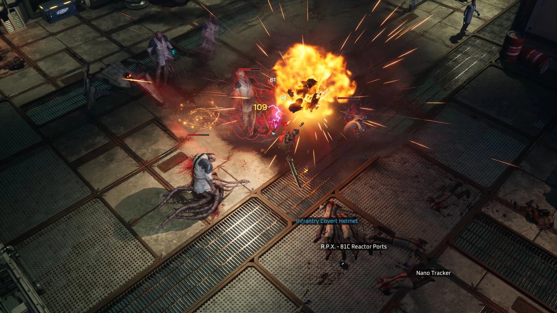 Carbon: Player fights robotic enemies with explosive attacks in a futuristic industrial setting.