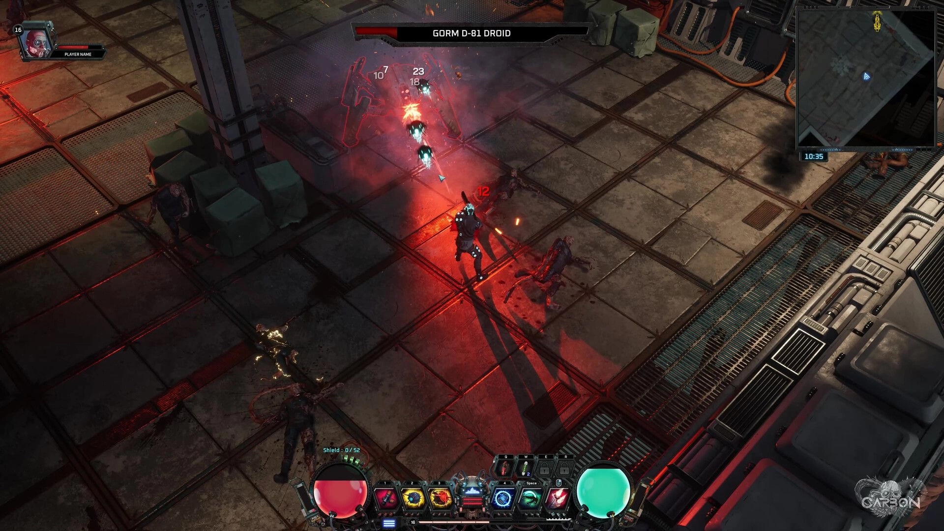 Carbon: Intense combat with GORM D-81 Droid in industrial setting, UI displays health and abilities.