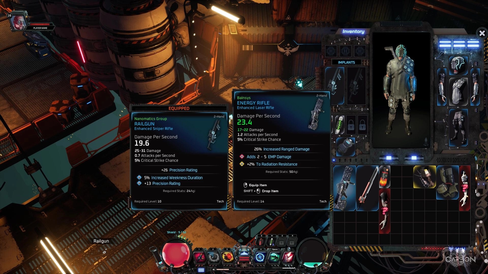 Carbon: Character inventory and weapon comparison in a futuristic industrial environment.