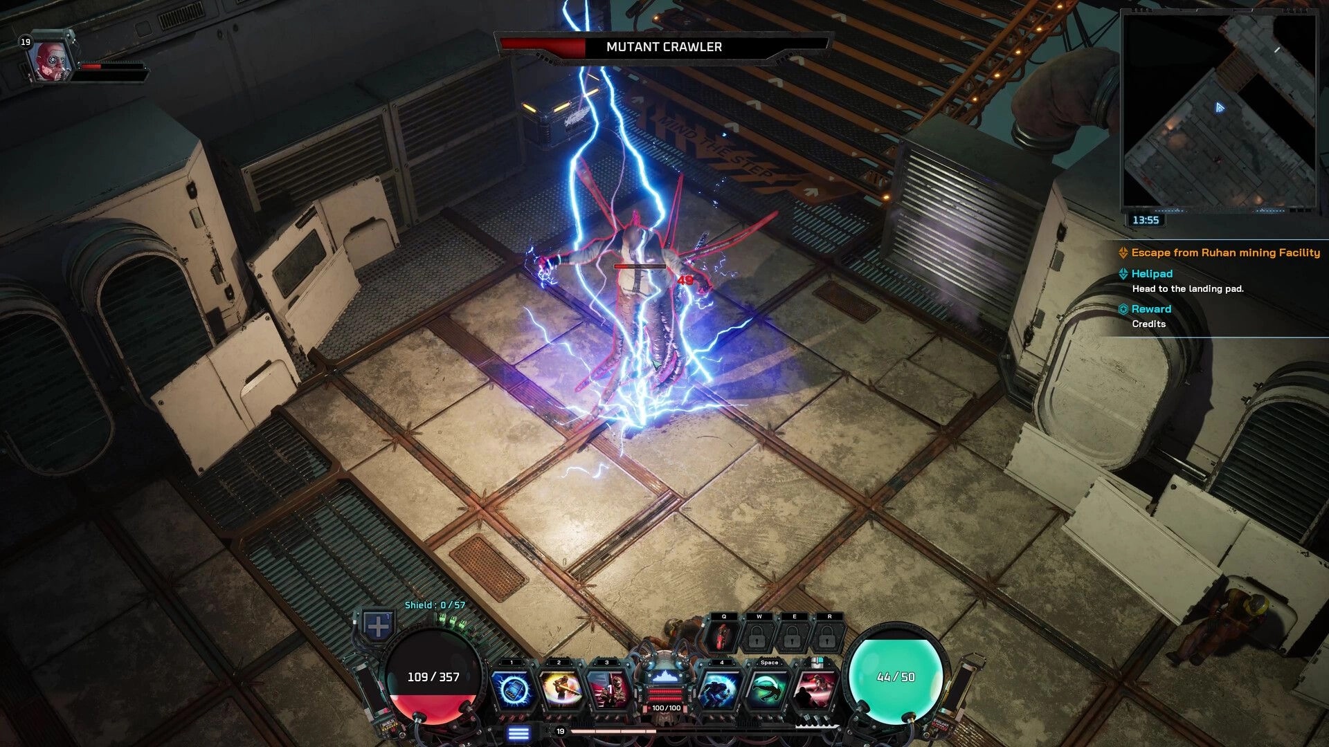 Carbon: Combat with Mutant Crawler in industrial facility, showing character abilities and health bars.