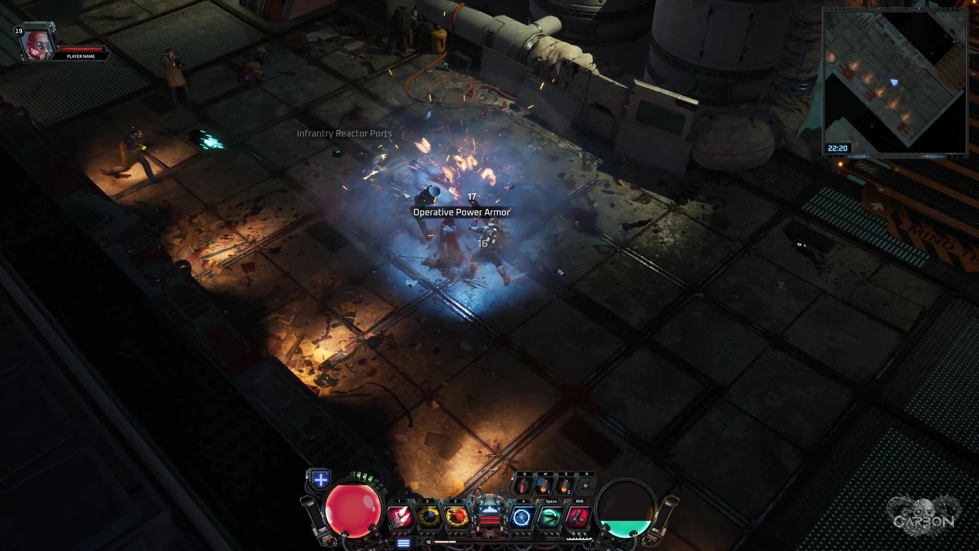 Carbon: Player battles in Operative Power Armor on a gritty industrial floor with UI elements visible.
