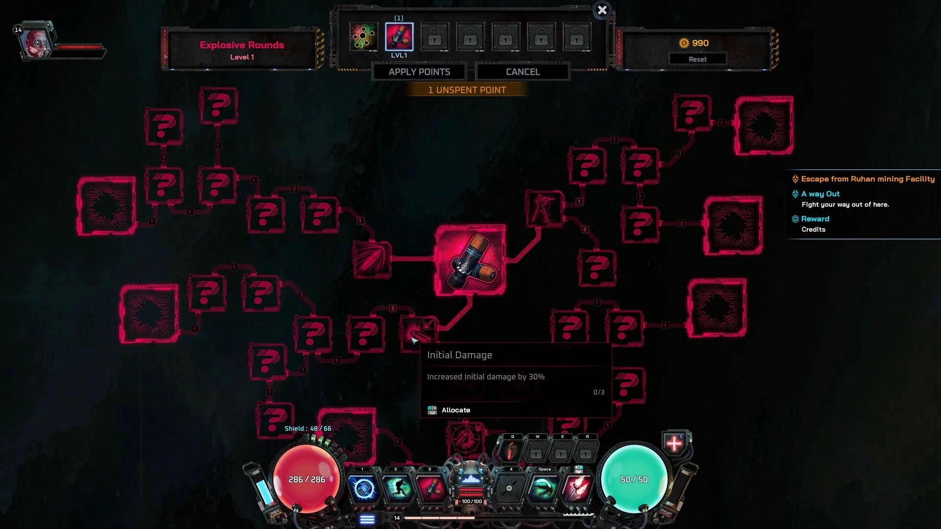 Carbon: Skill tree interface with various nodes and abilities, mission objectives on right panel