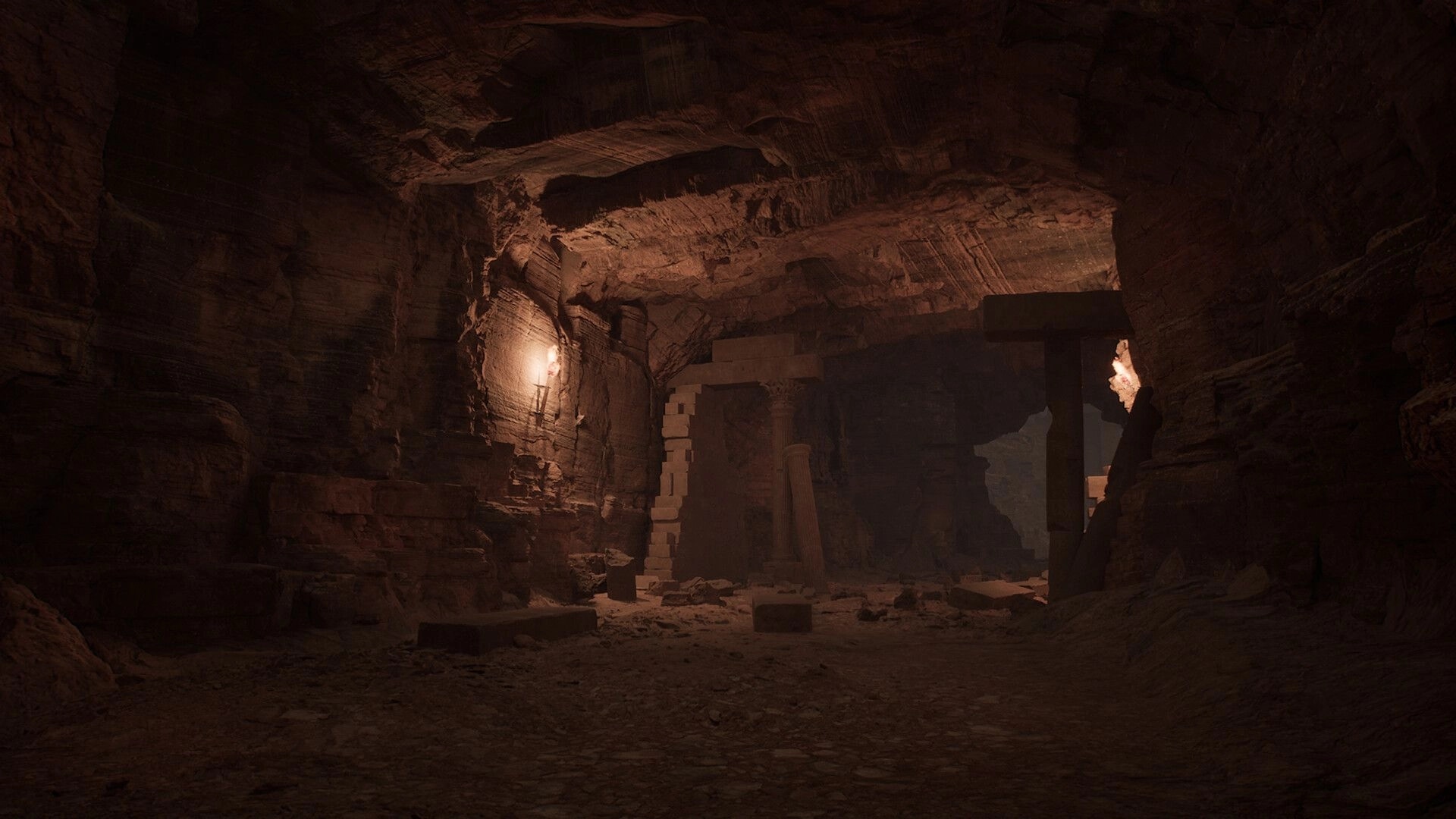 Carcerem: Dimly lit ancient labyrinth corridor with stone walls and crumbling pillars in a cavernous setting