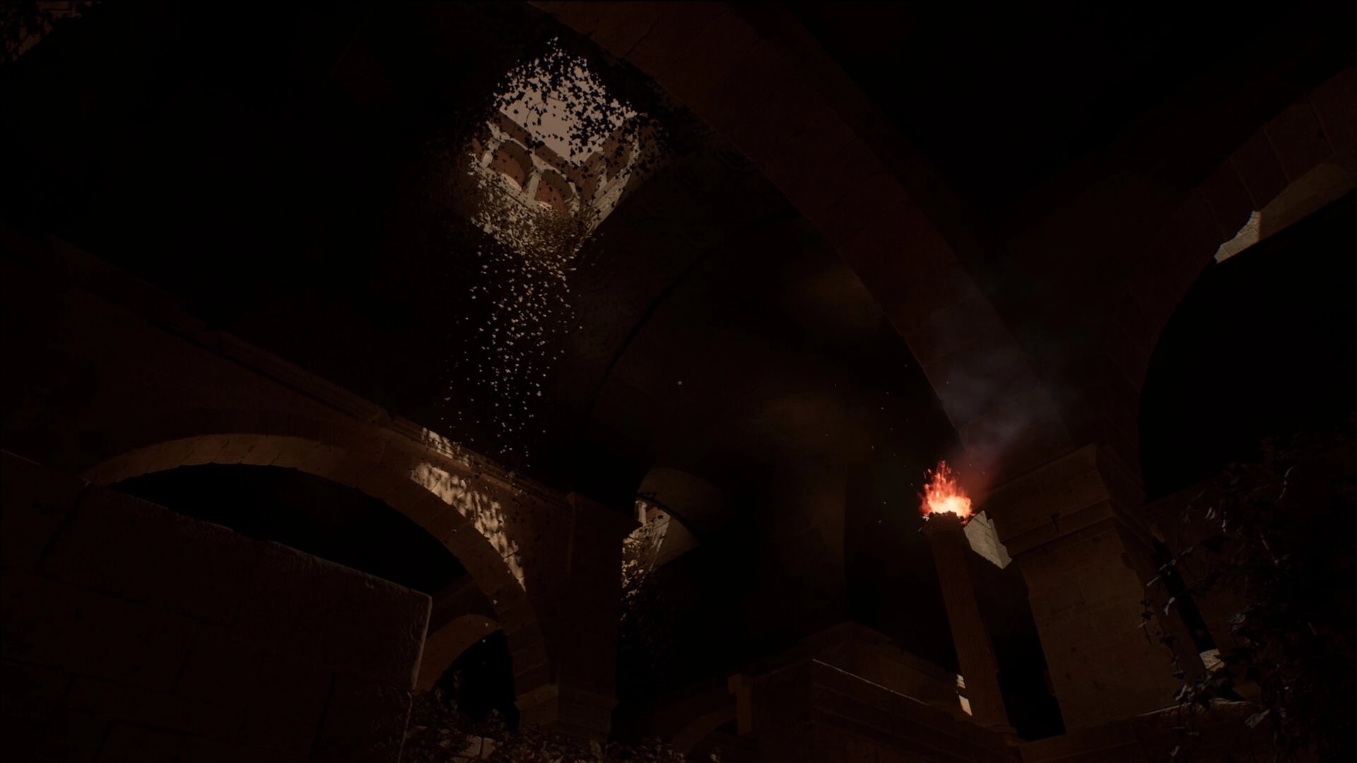 Carcerem: Dark ancient labyrinth with falling debris and lit torch casting shadows on stone arches