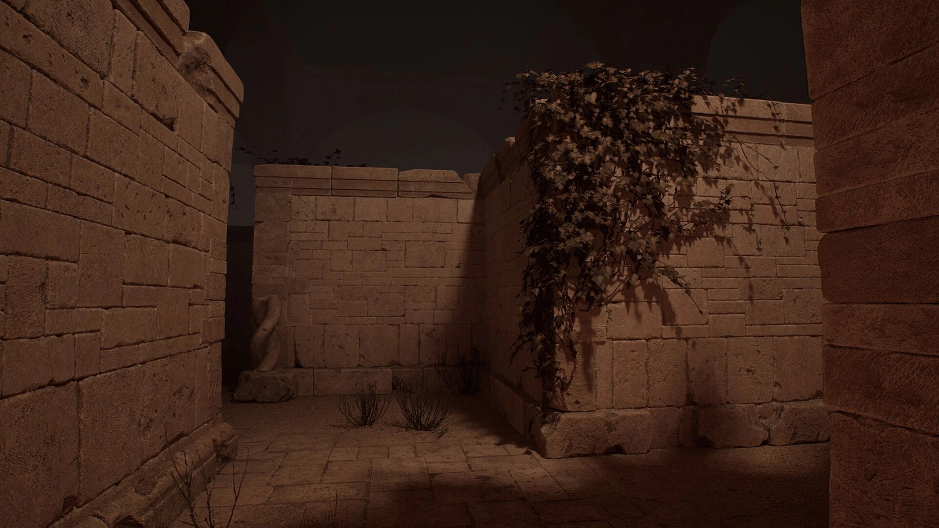 Carcerem: Stone labyrinth corridor with overgrown ivy and scattered dry plants under dim lighting