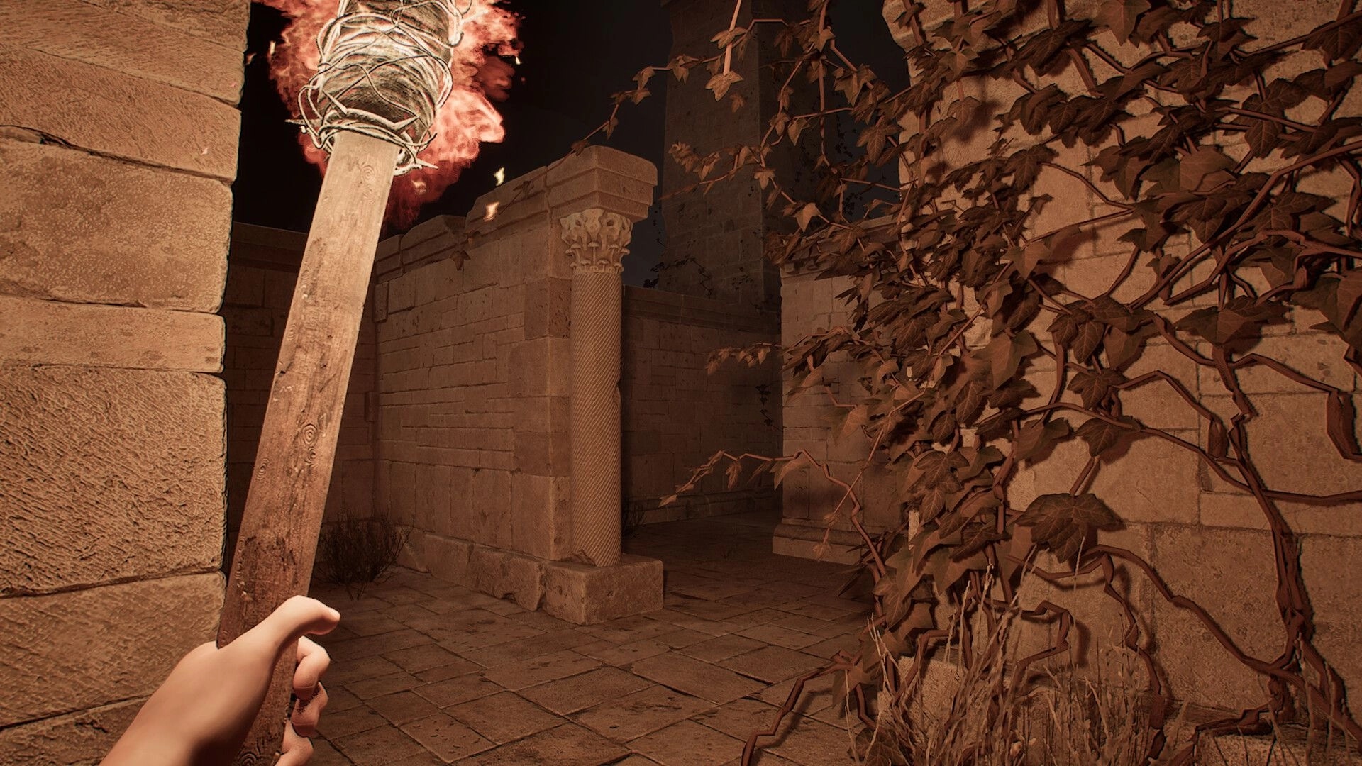 Carcerem: Player holds a flaming torch navigating through dimly lit ancient stone corridors with vines