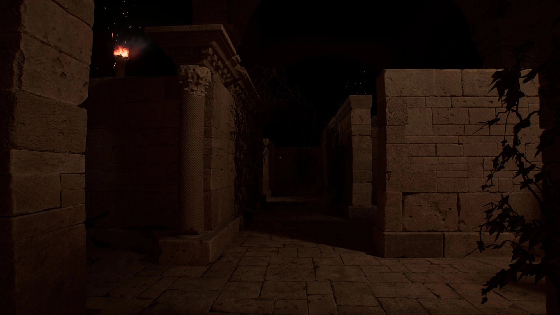 Carcerem: Dimly lit stone corridor with flickering torchlight casting shadows in ancient labyrinth