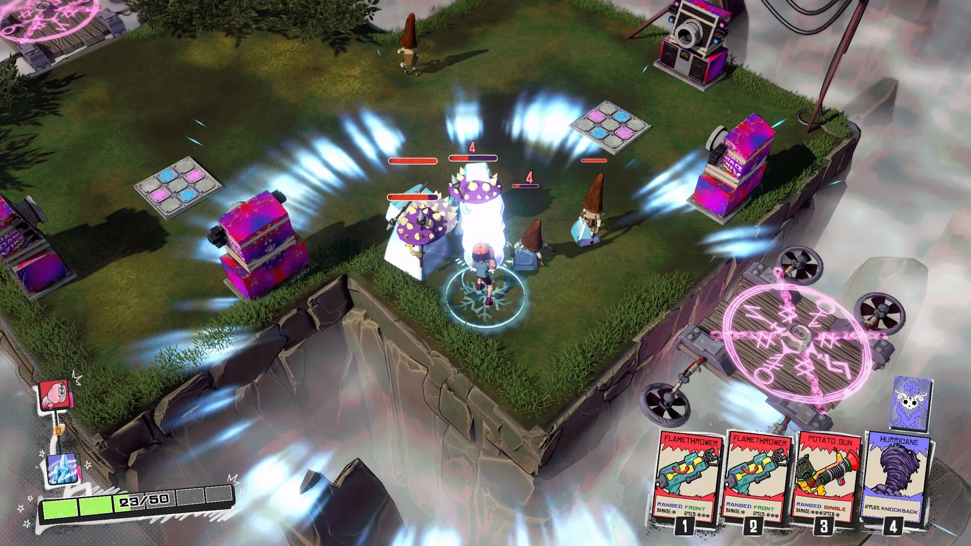 Card Buster: Player battles gnome enemies on floating island using card abilities and glowing symbols.