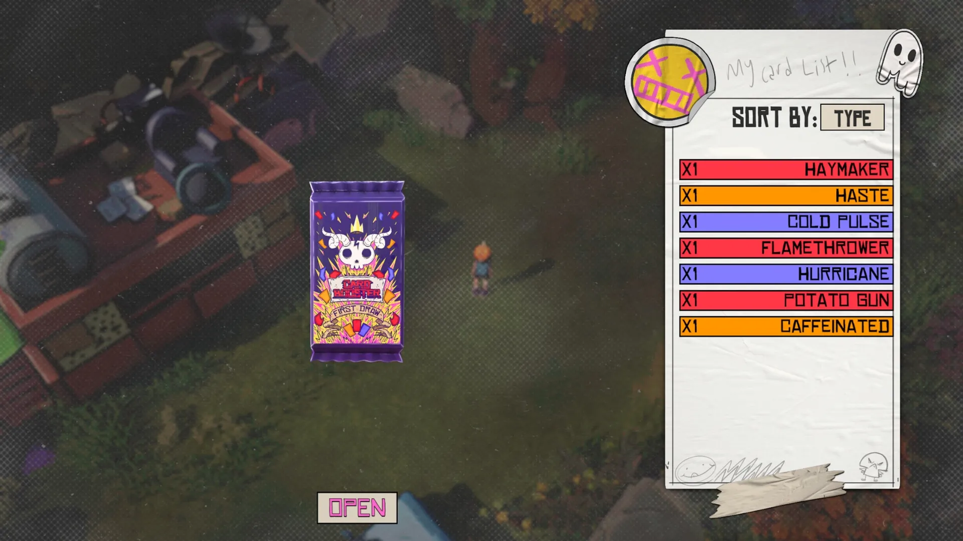 Card Buster: Character stands by card pack in a grassy area with card list UI displaying various abilities.