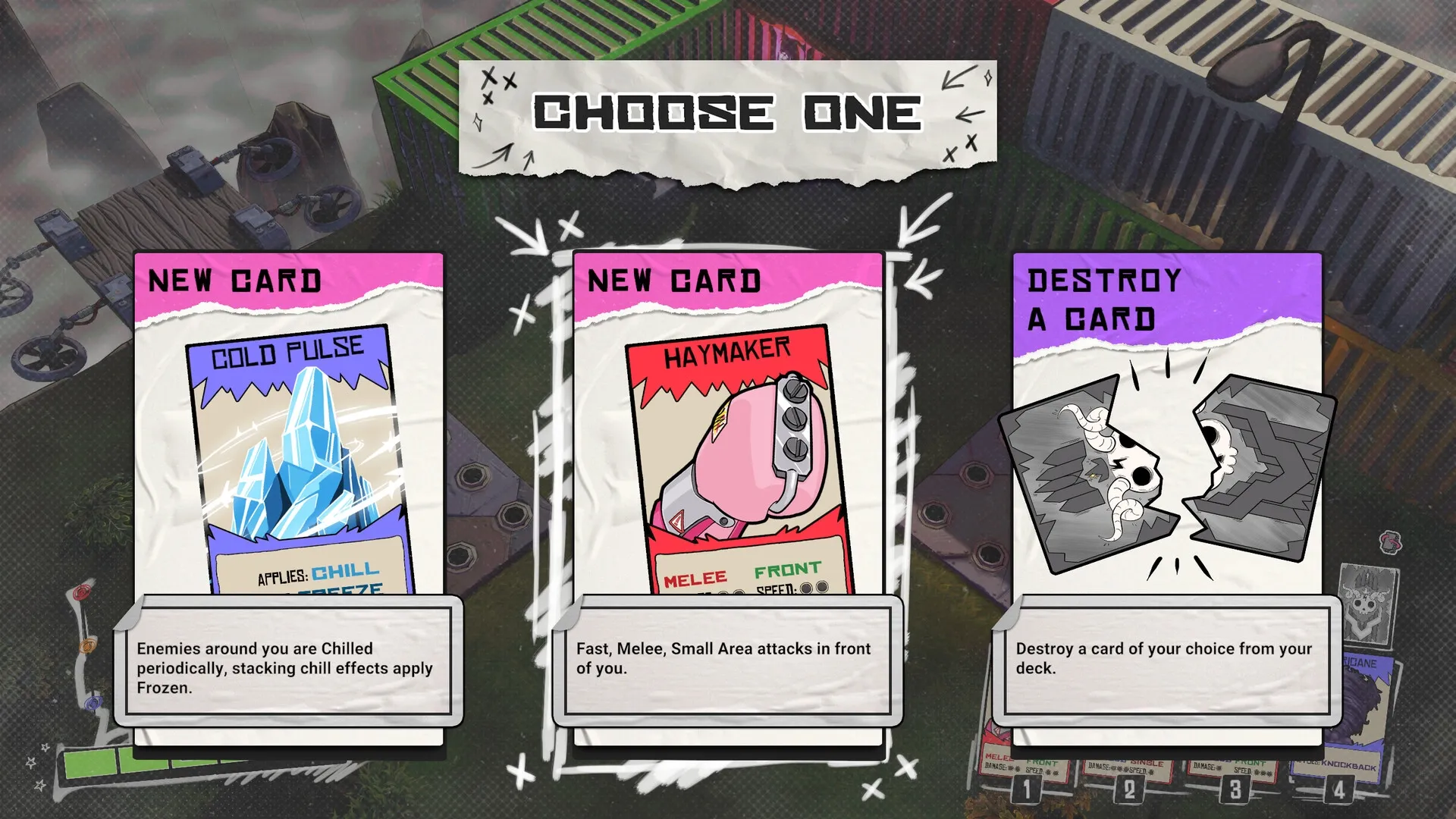 Card Buster: Card selection screen with options for Cold Pulse, Haymaker, and Destroy a Card actions.