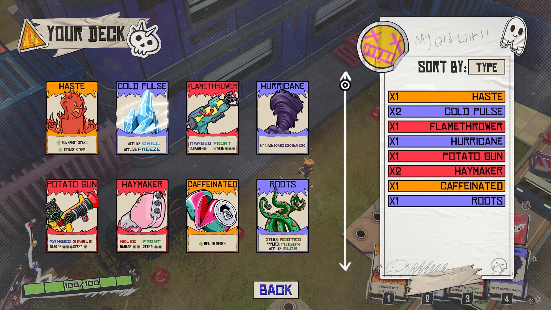 Card Buster: Deck management screen with various card abilities and a character standing in the background.