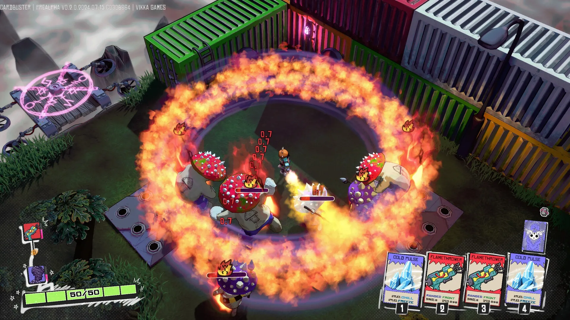 Card Buster: Player uses flamethrower card against mushroom creatures in a fiery cargo yard battle
