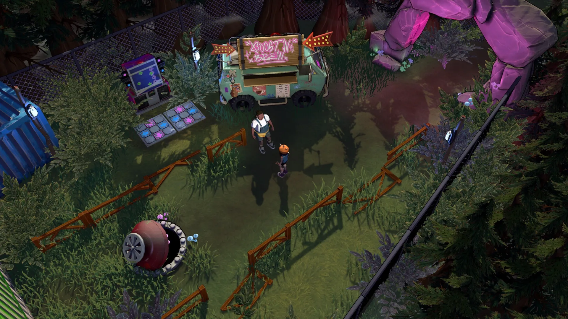 Card Buster: Two characters converse near a colorful truck in a fenced, overgrown forest area.