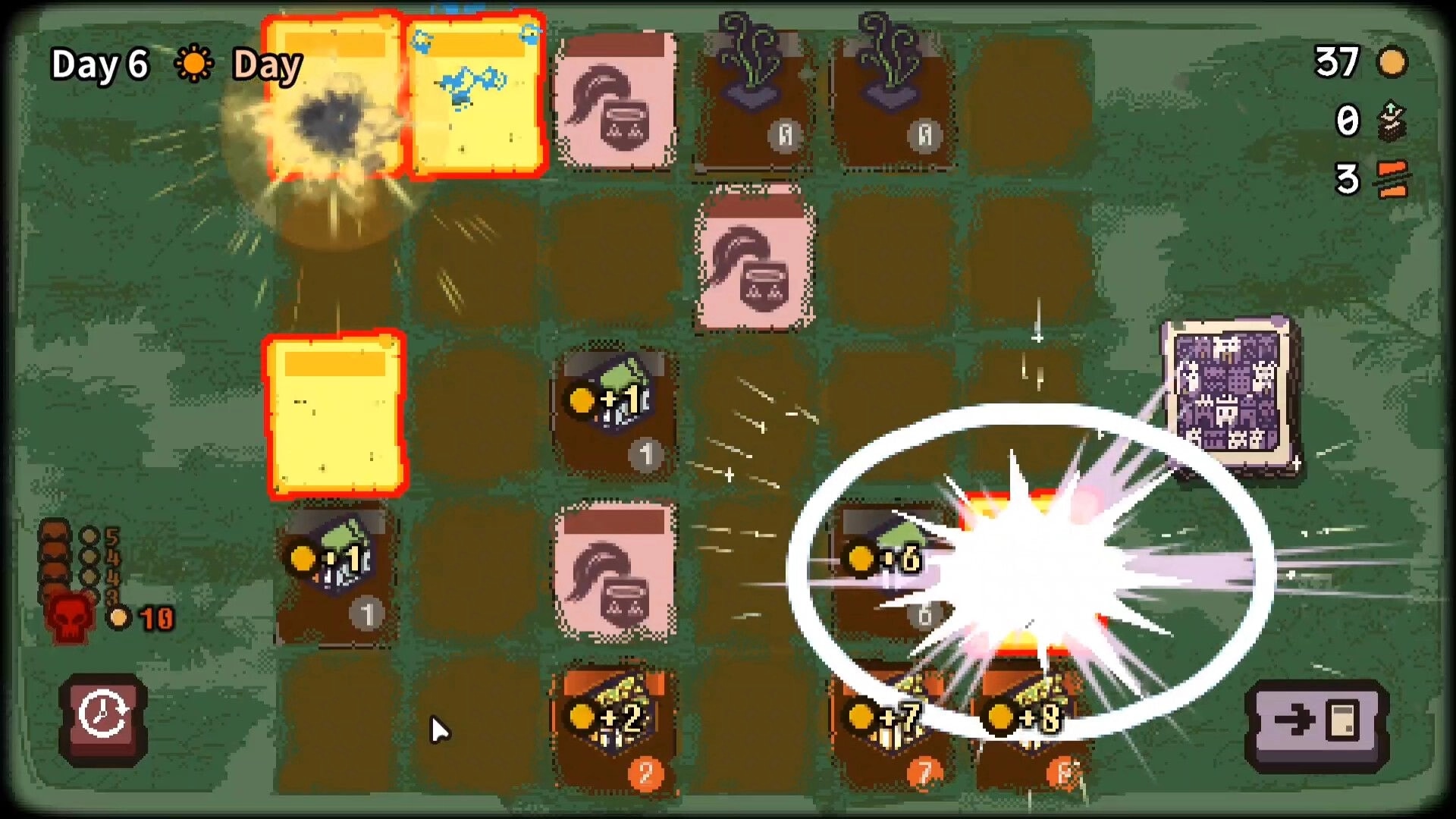 Card Colony: Explosive card action on grid with various cards, stats, and day counter in pixel-art style