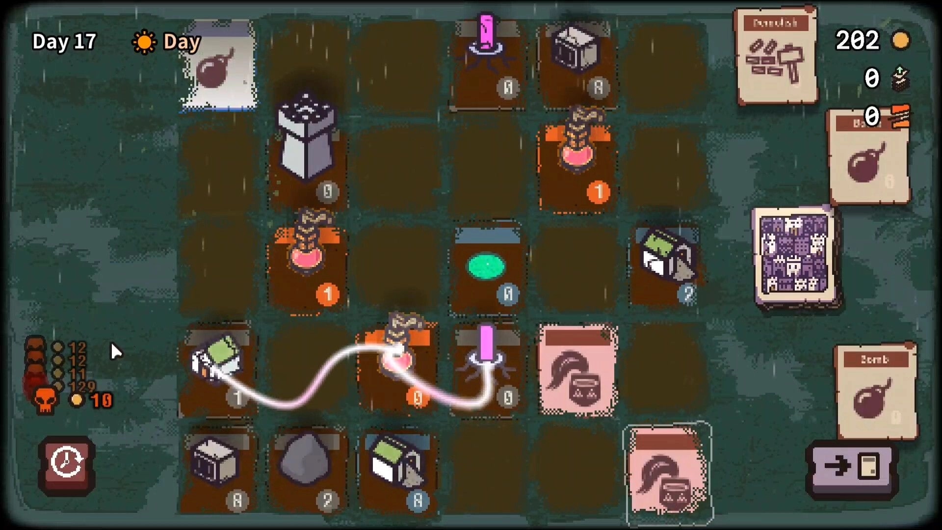 Card Colony: Day 17 grid with cards, resources, and action points in rainy pixel-art environment.