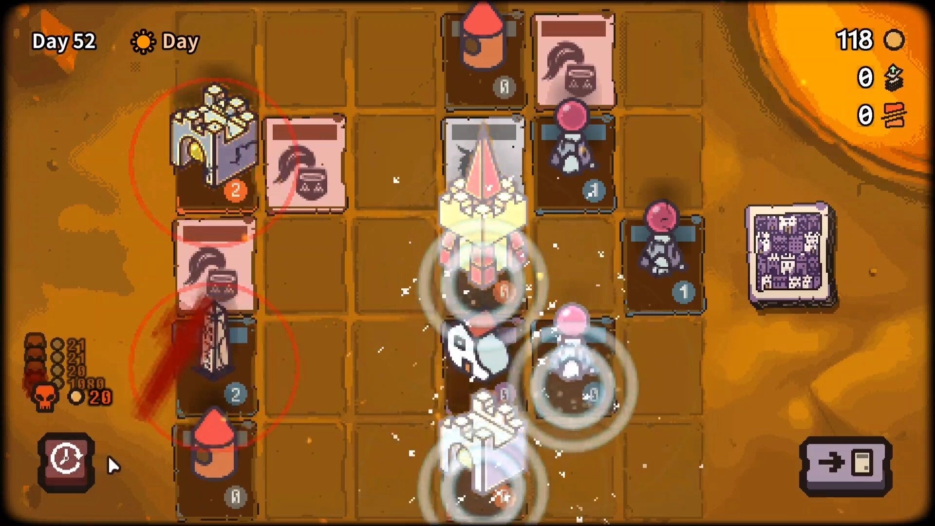 Card Colony: Tactical card battle on grid with castle and enemy cards, day 52 in desert environment