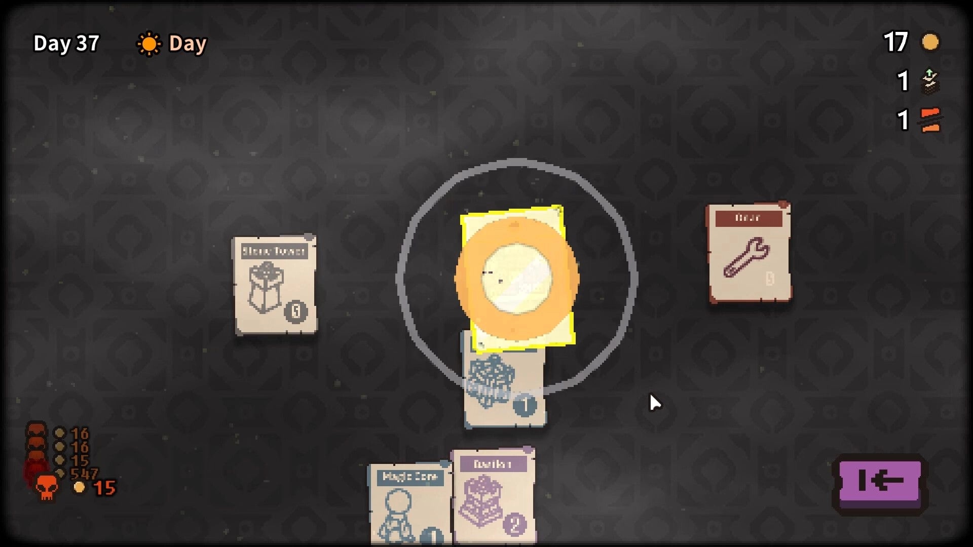 Card Colony: Card selection phase with various cards displayed against a dark patterned background