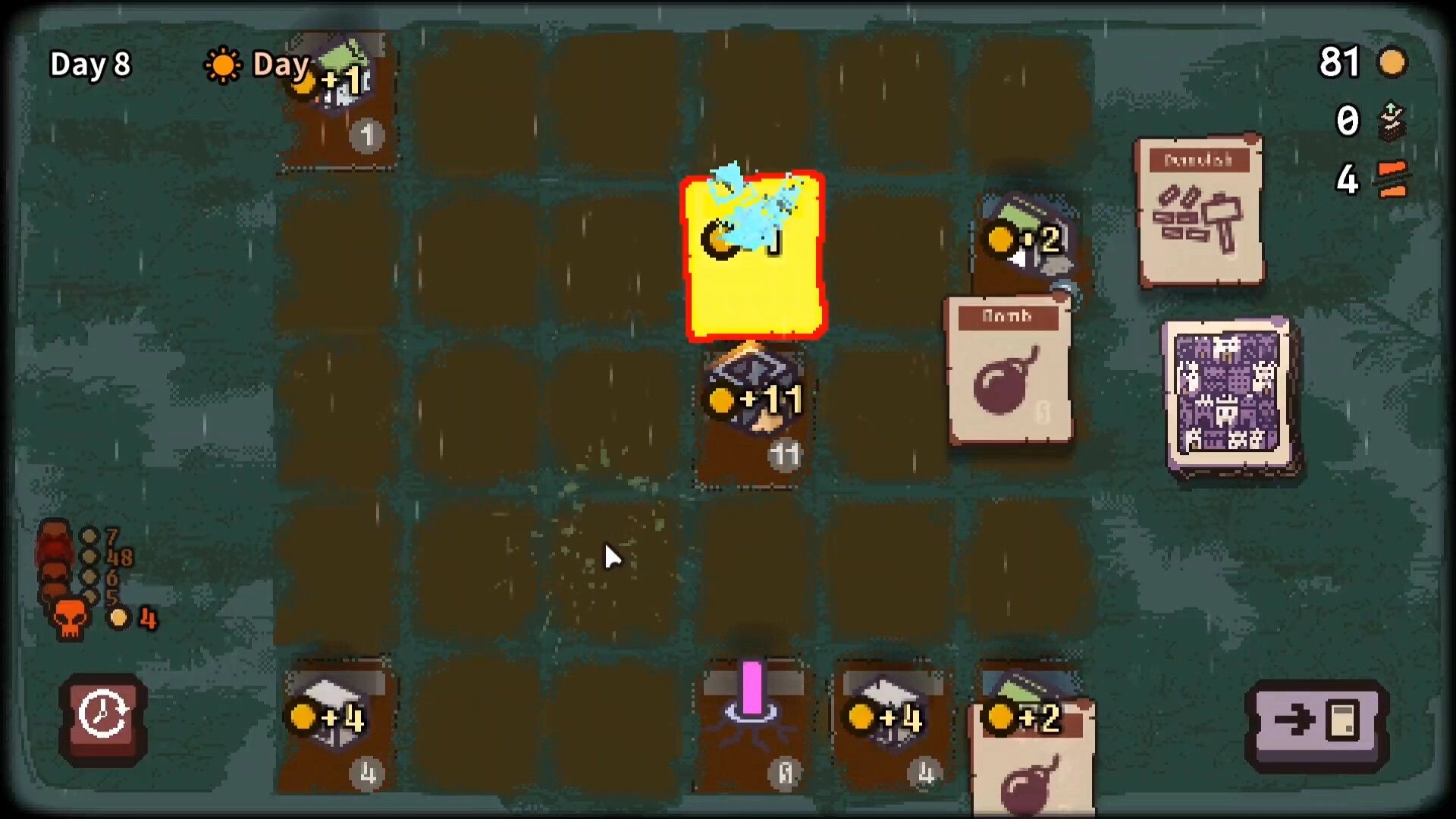 Card Colony: Grid-based card battle with resource icons and day counter in pixel-art style