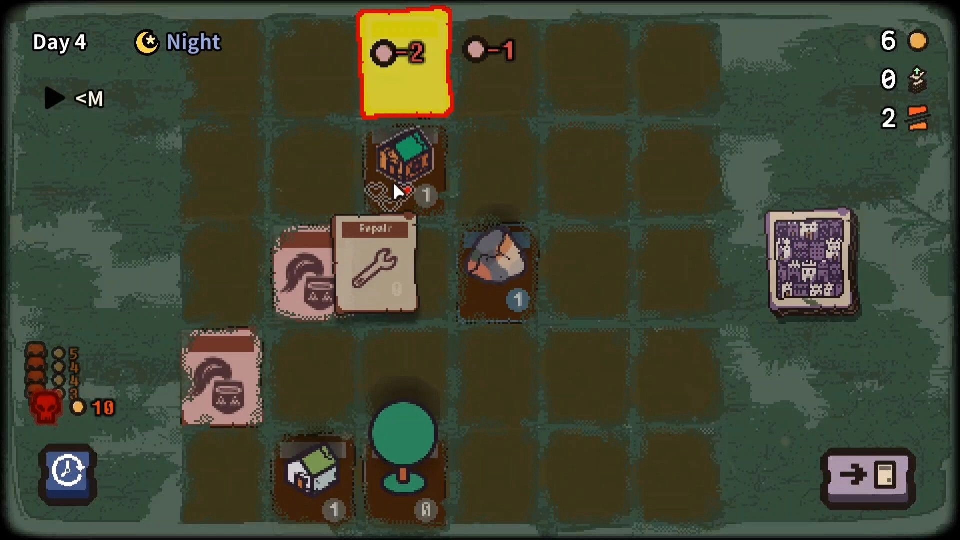 Card Colony: Tactical board with cards featuring resources and actions in a grid layout on Day 37