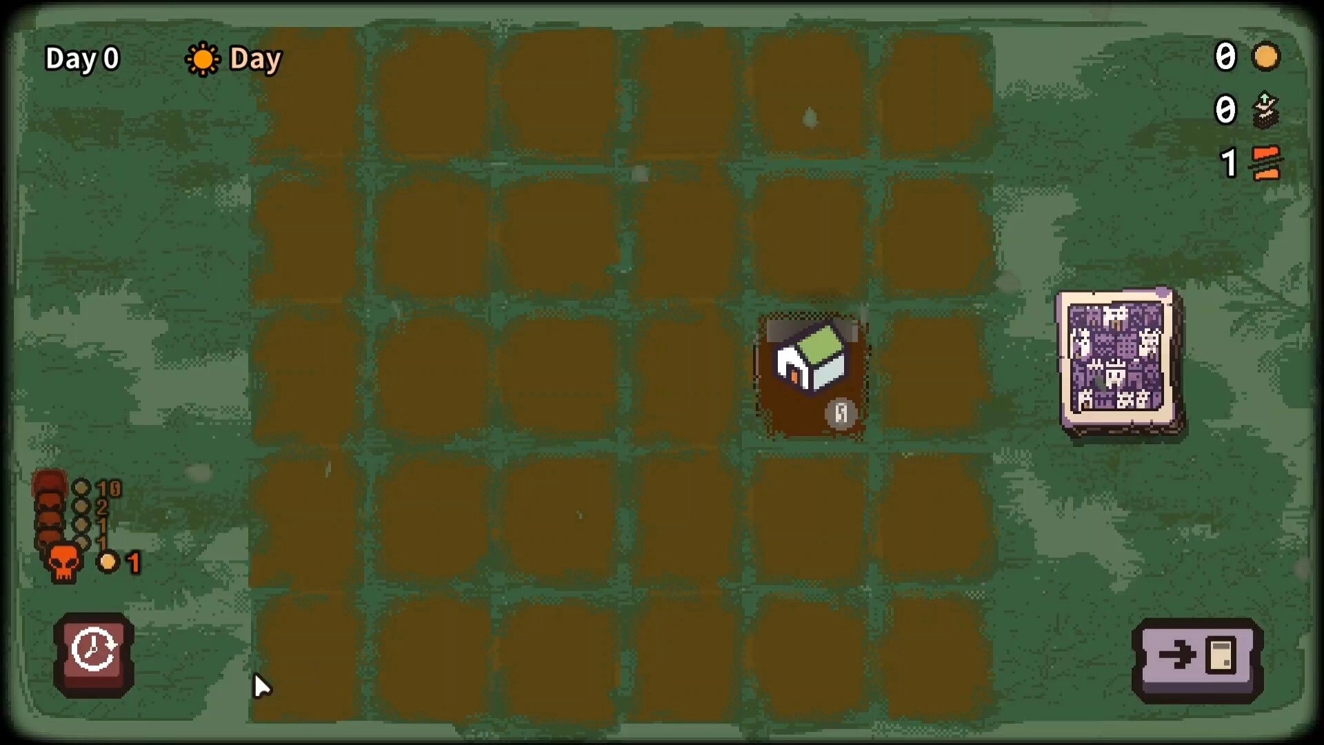 Card Colony: Early game grid with house card placed, day counter, and deck in pixel-art style.