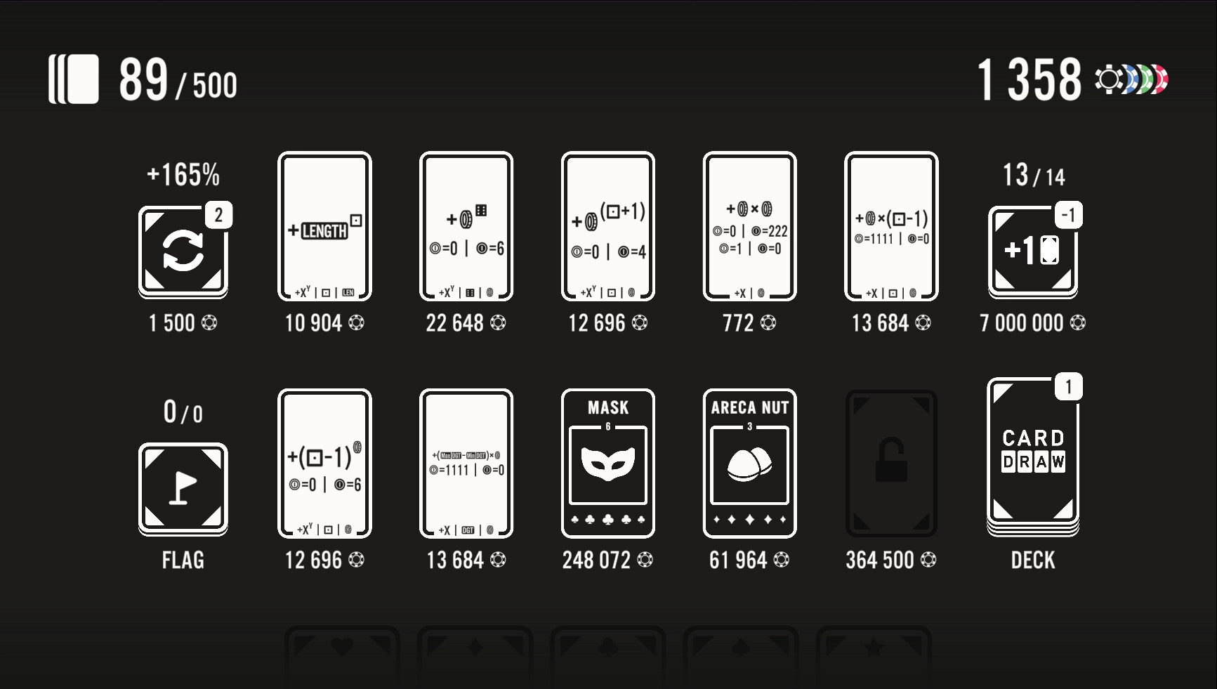 Card Draw: Card inventory screen displaying various cards with equations and point values