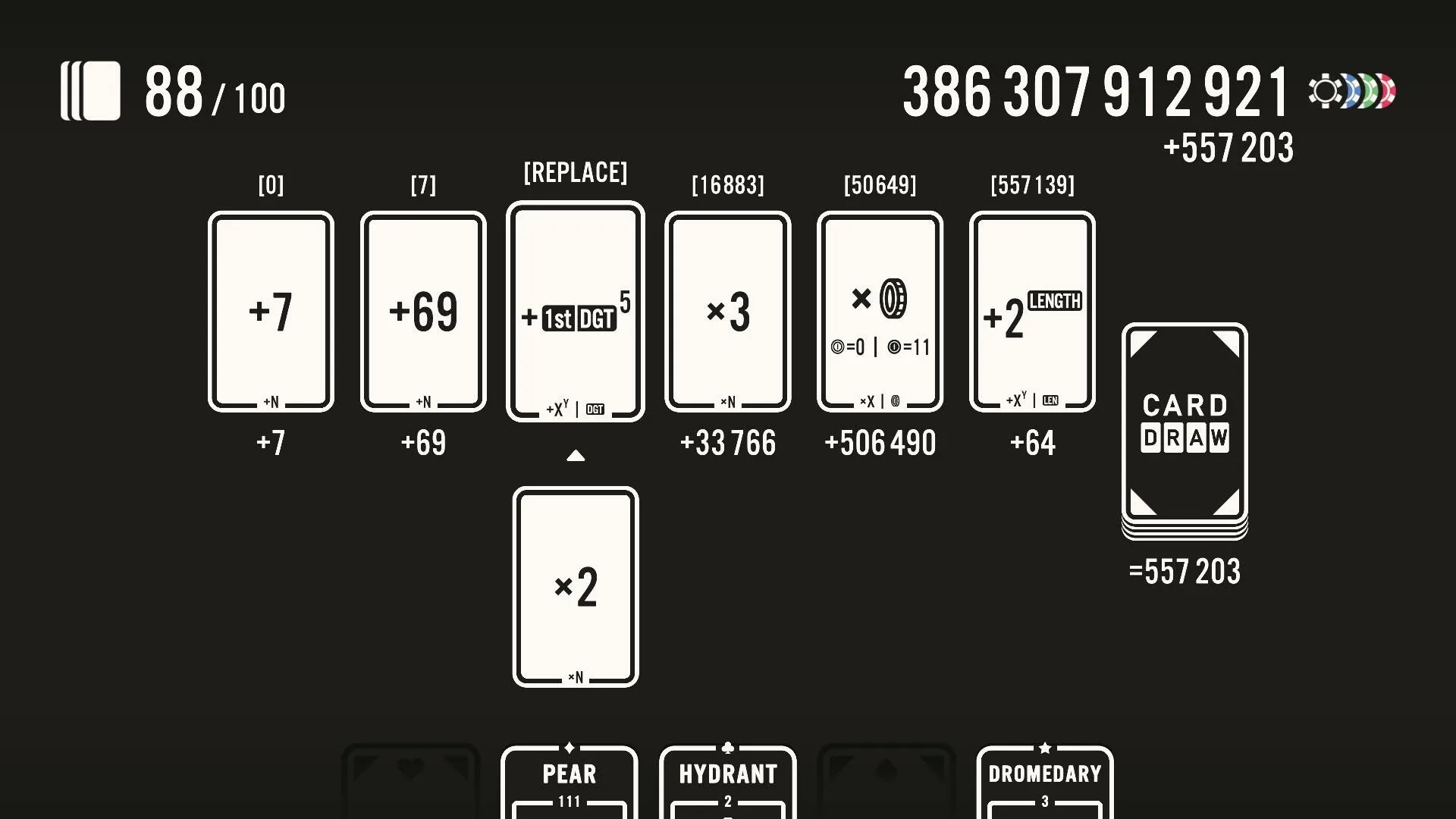 Card Draw: Equation cards displayed with various values and operations in black and white interface
