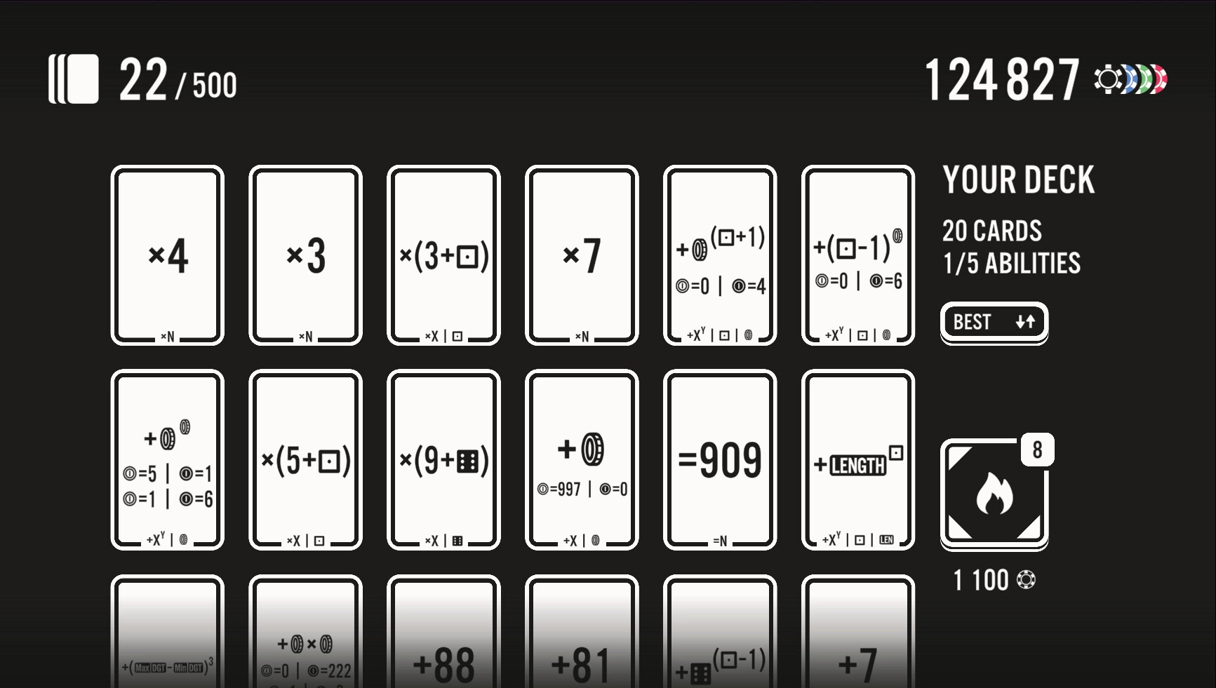 Card Draw: Deck menu with various mathematical cards and current score in a strategic gameplay environment