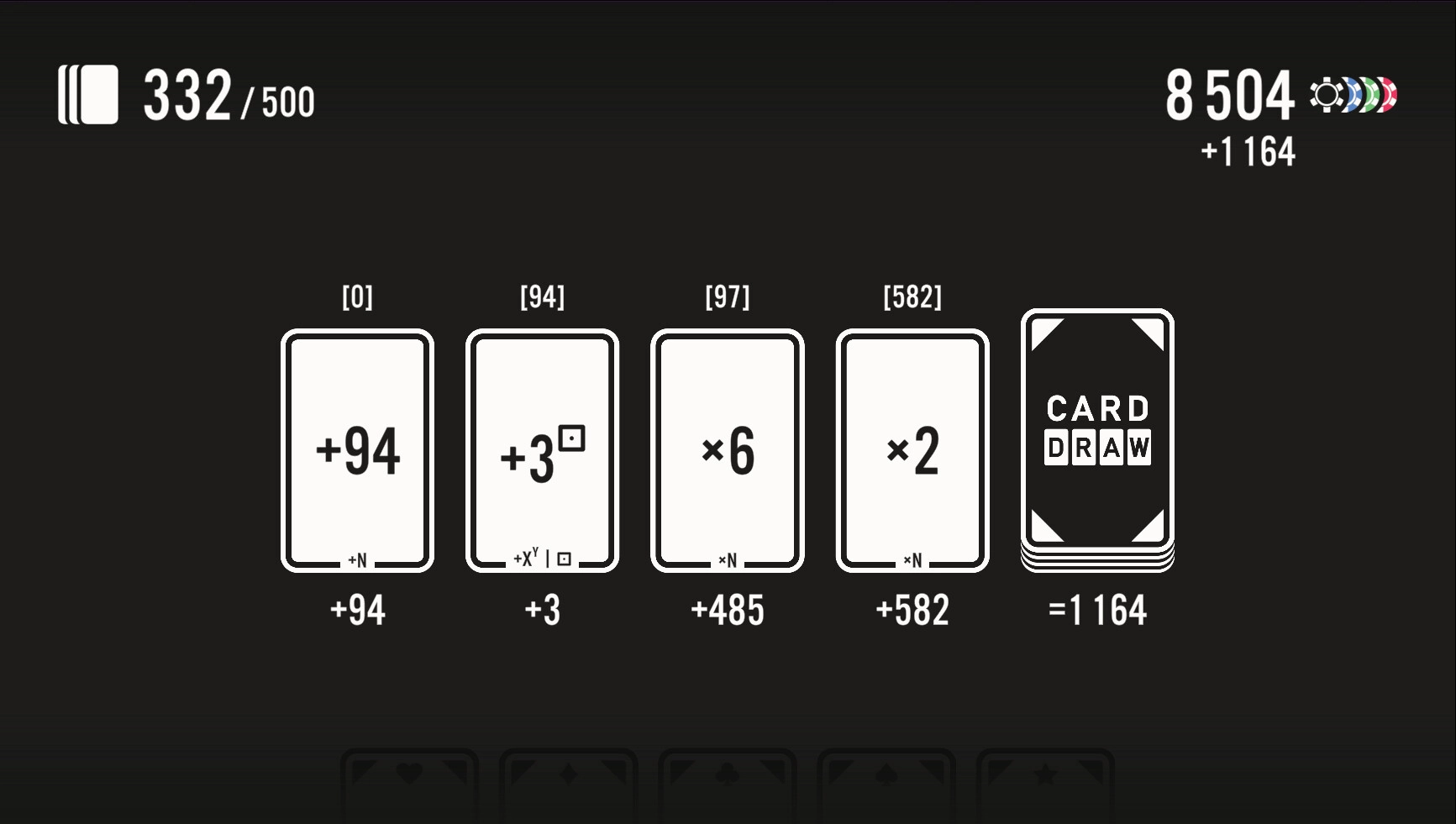 Card Draw: Equation cards with values and operations in a deckbuilder interface, score displayed top right.