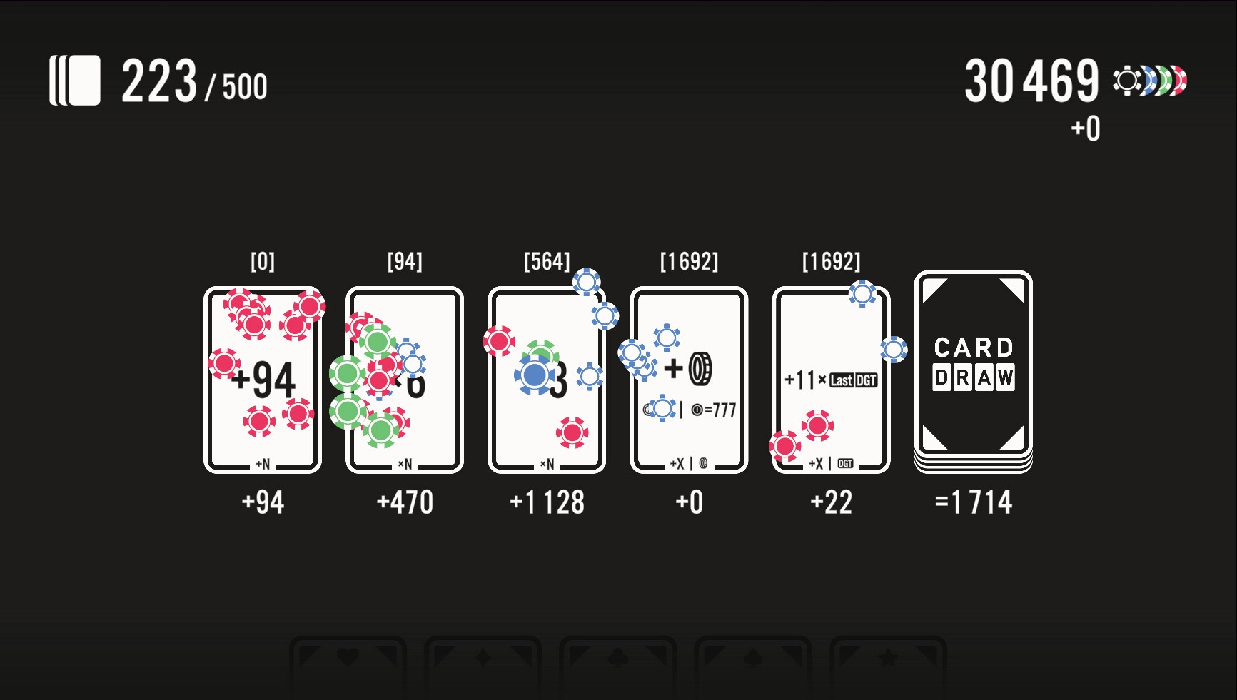 Card Draw: Equation cards with various values and symbols on a dark background interface
