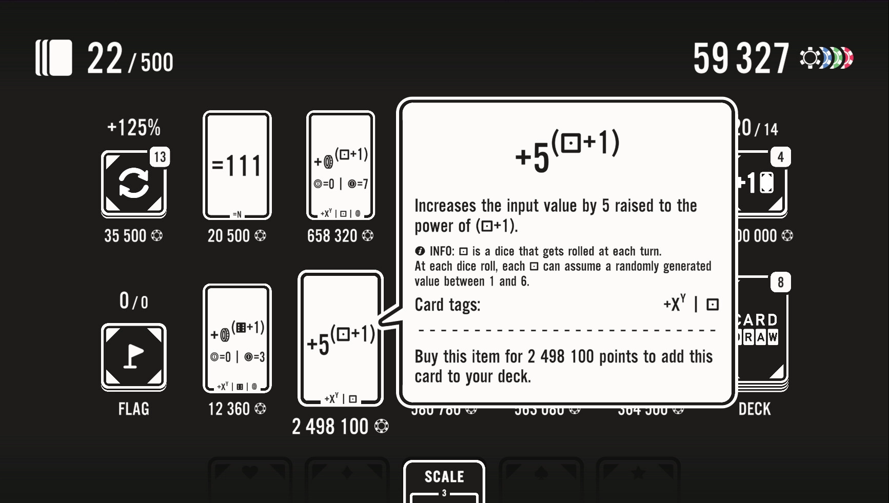 Card Draw: Card shop interface displaying card details and points cost for deck expansion