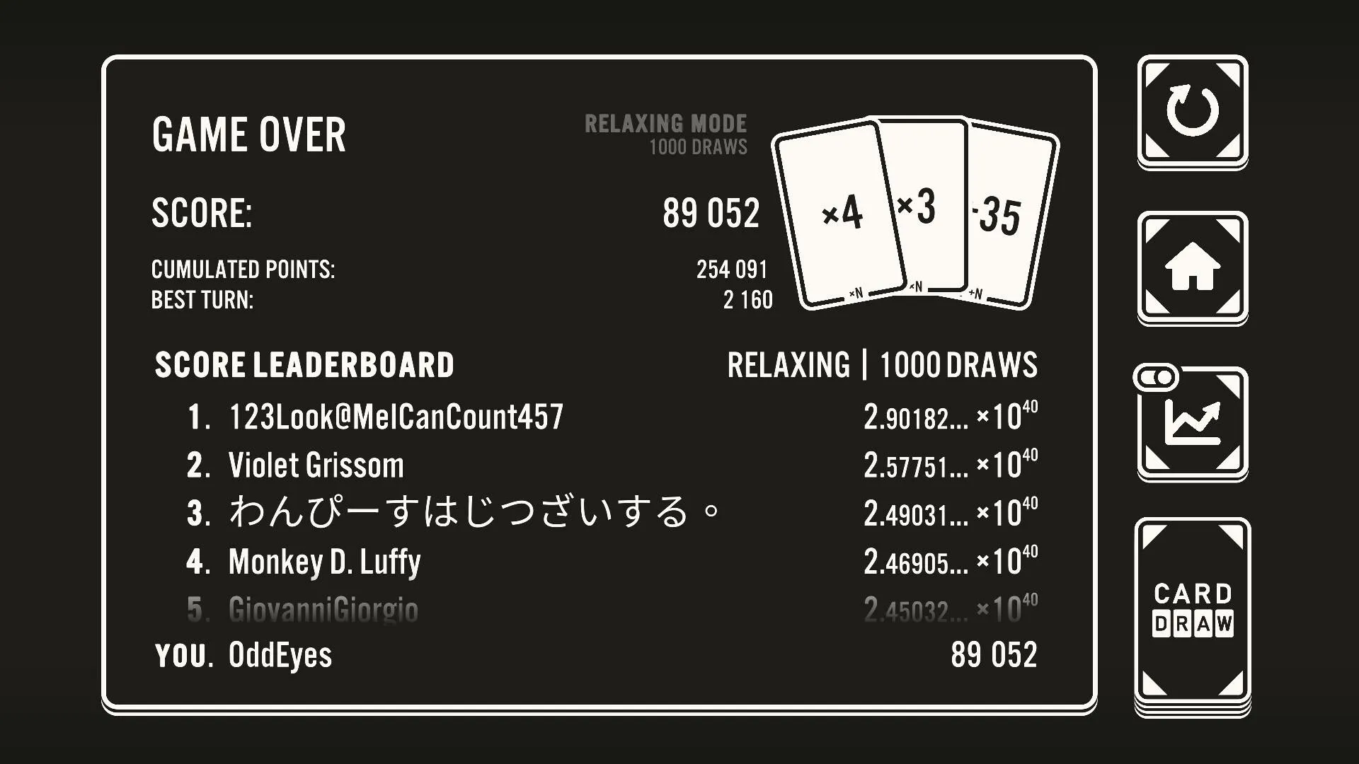Card Draw: Game over screen with leaderboard and score details in relaxing mode, 1000 draws displayed