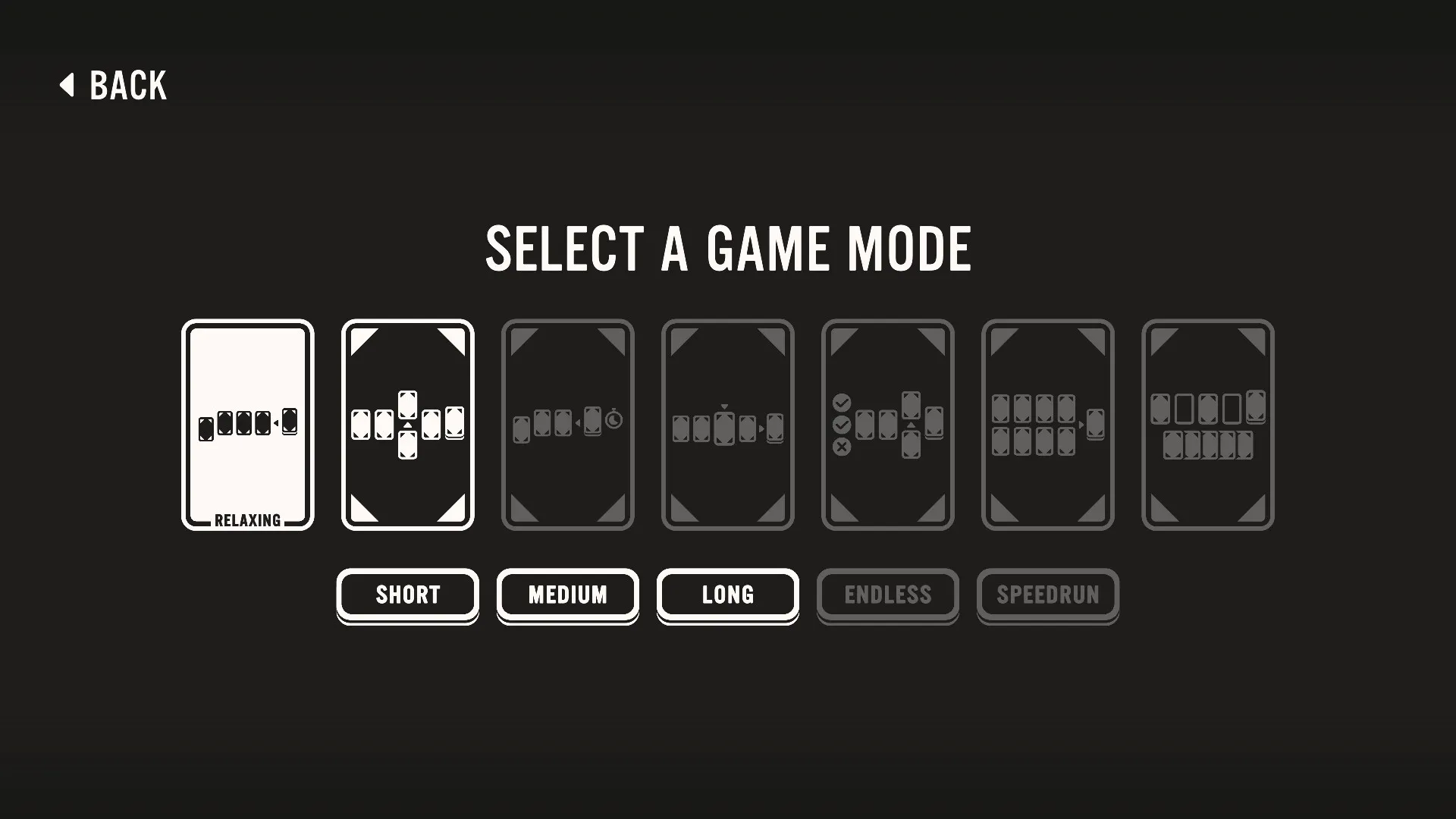 Card Draw: Game mode selection screen with options for relaxing, short, medium, long, endless, speedrun