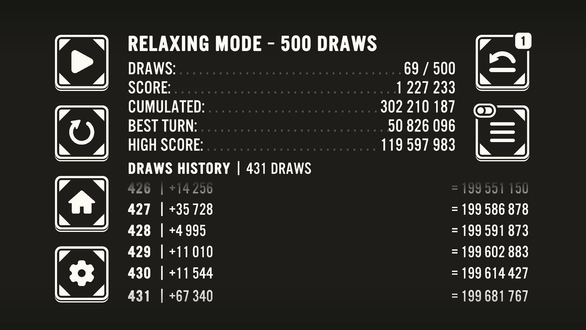 Card Draw: Relaxing mode score stats with draw count, high score, and history on dark interface