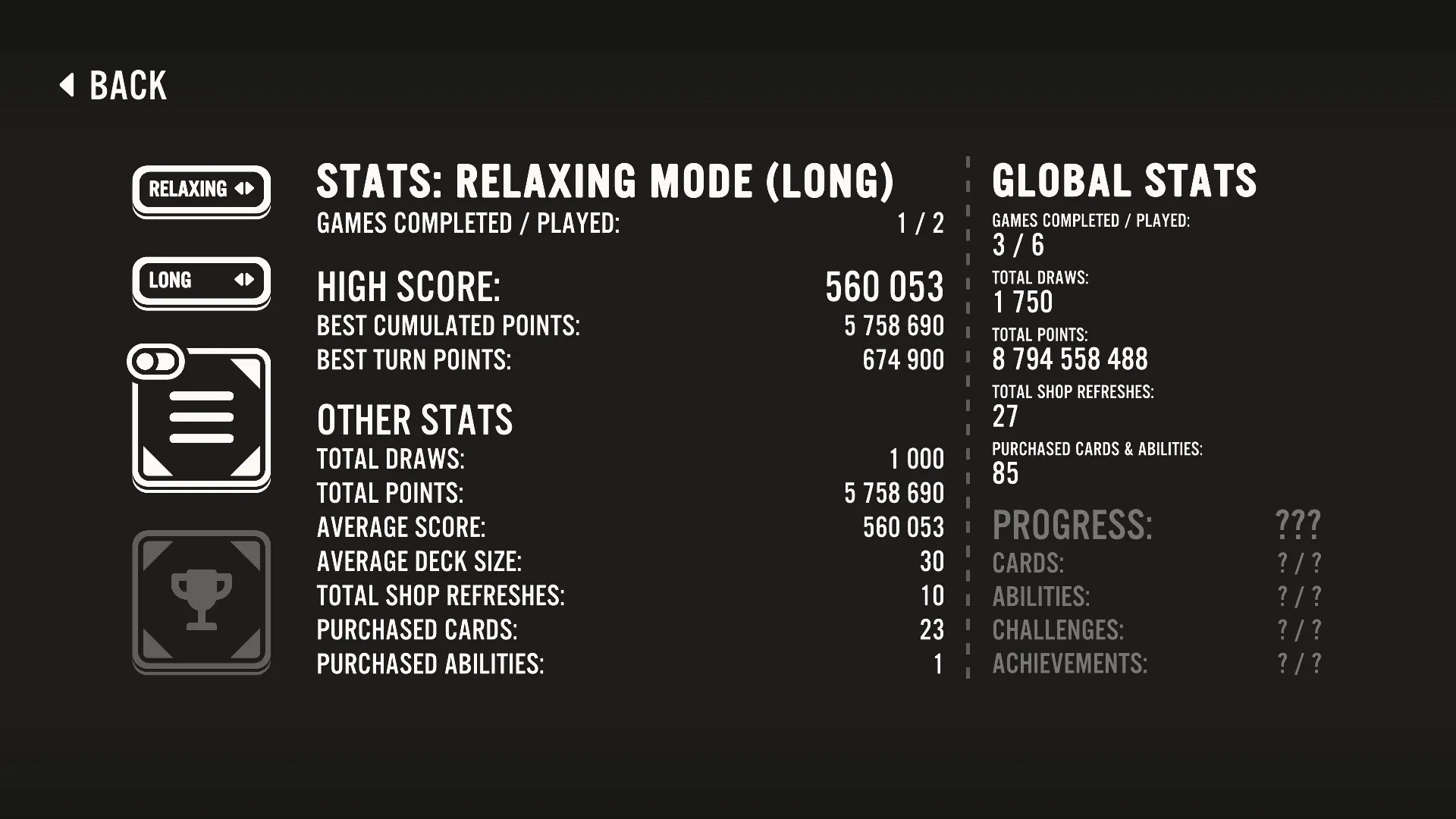 Card Draw: Stats overview for Relaxing Mode showing high scores, total draws, and global achievements.