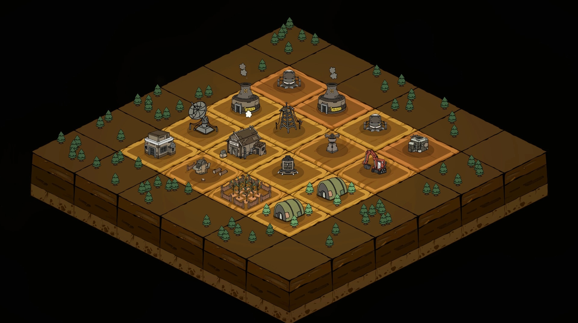 Card Homestead: Isometric base grid with farm plots, tents, radio dish and factories on forest tiles.