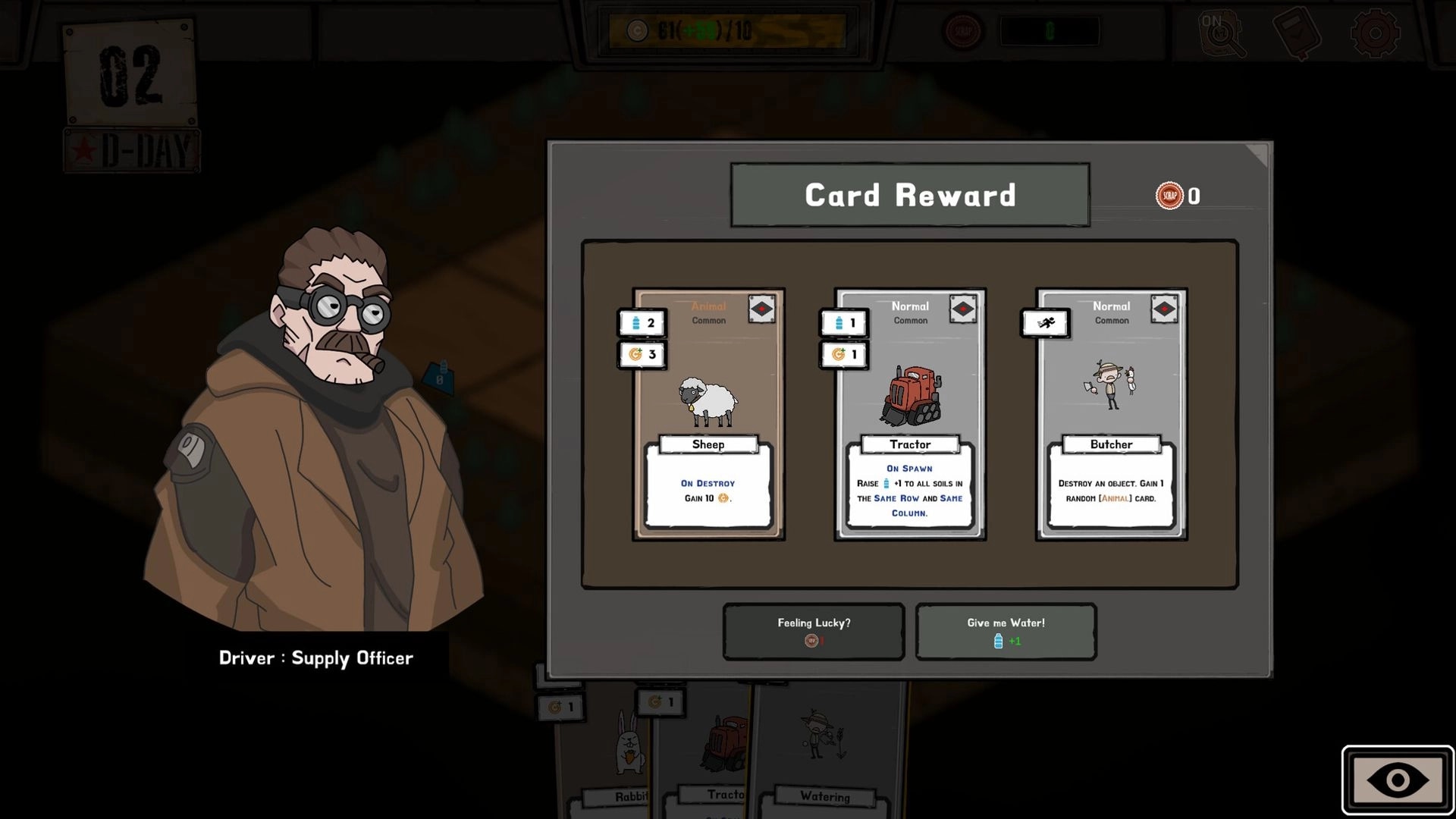 Card Homestead: Card Reward choice of Sheep, Tractor, or Butcher beside Driver supply officer UI.