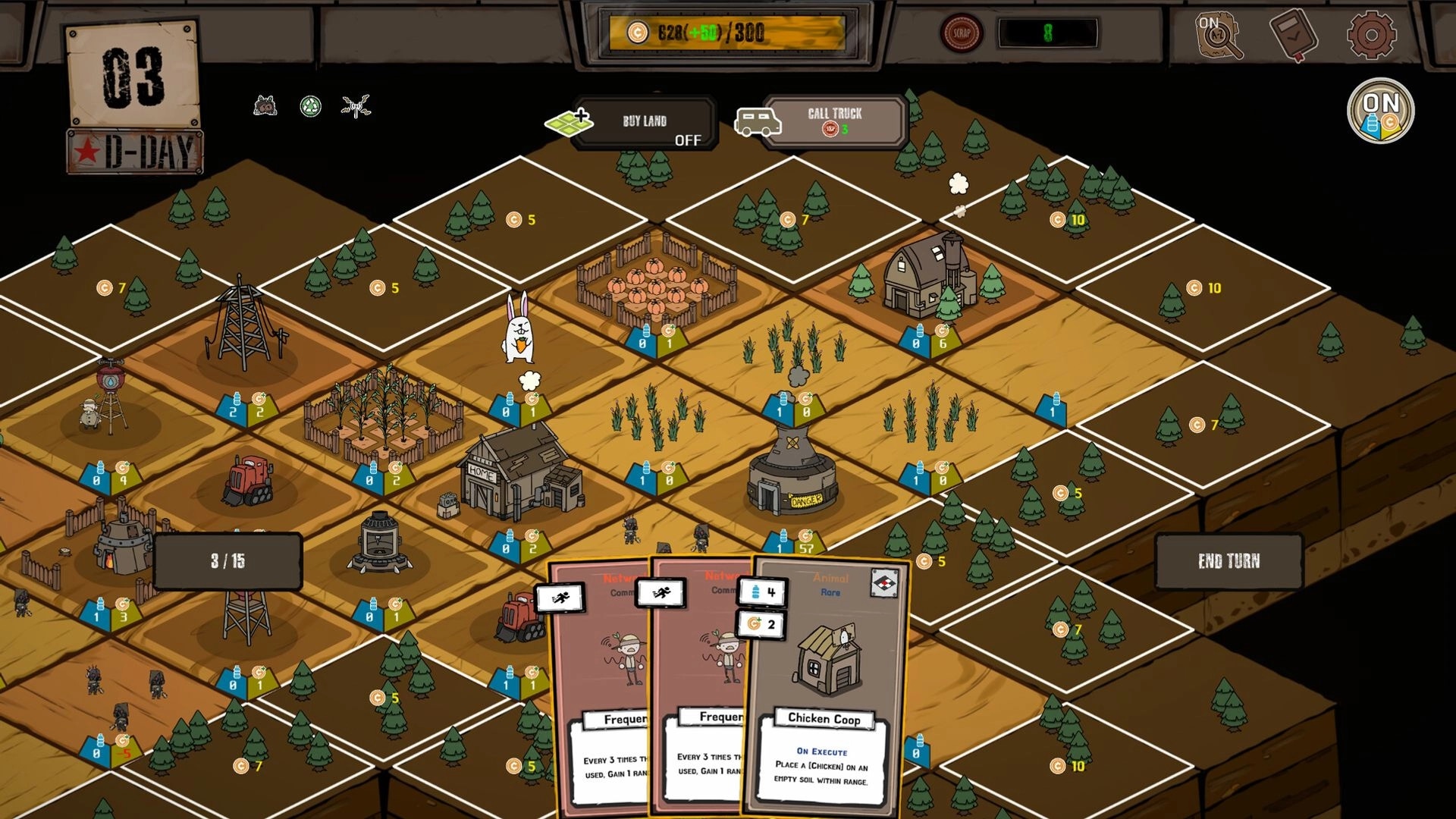 Card Homestead: Farm grid with buildings and crops, hand of cards open over a forested map.