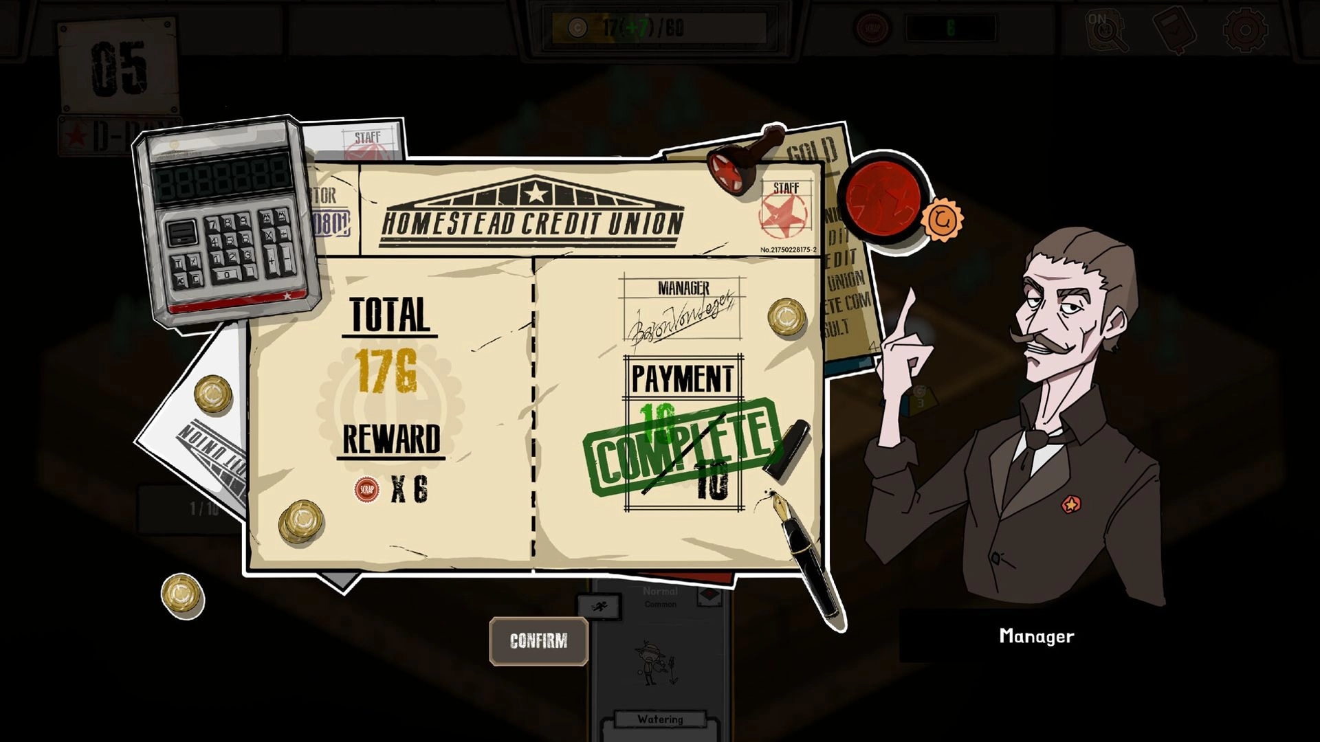 Card Homestead: Credit Union payment complete screen with manager portrait and confirm button UI overlay.